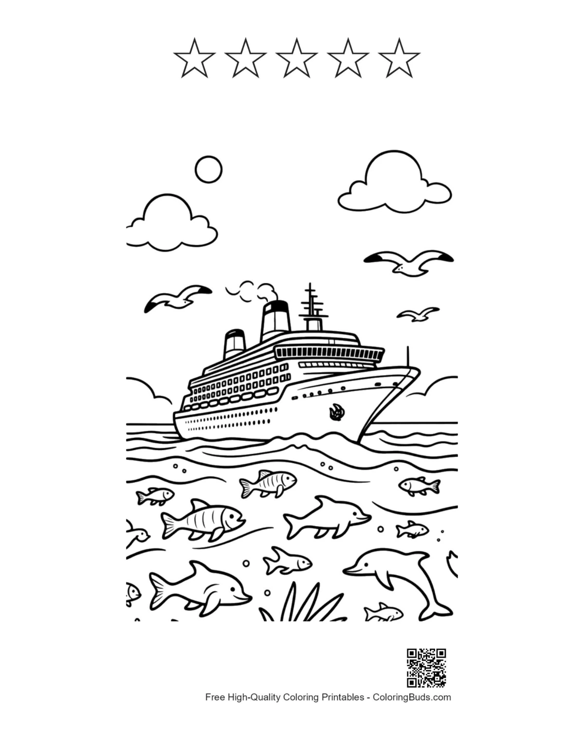 Holiday cruise ship with sea life and star outlines printable