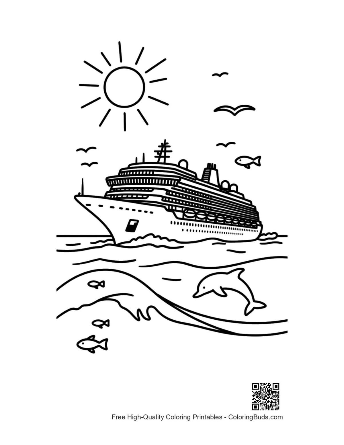 Luxury cruise ship under sunny sky coloring printable