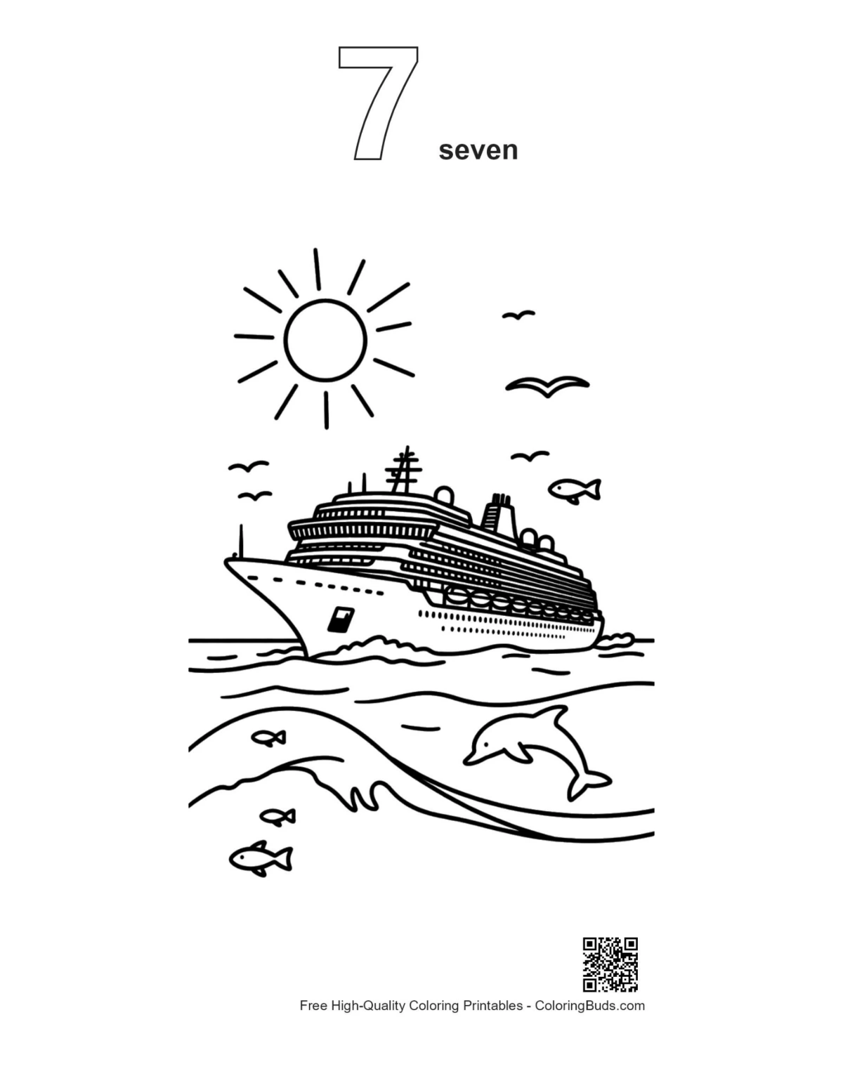 Luxury cruise ship outline number 7 sunny sky printable