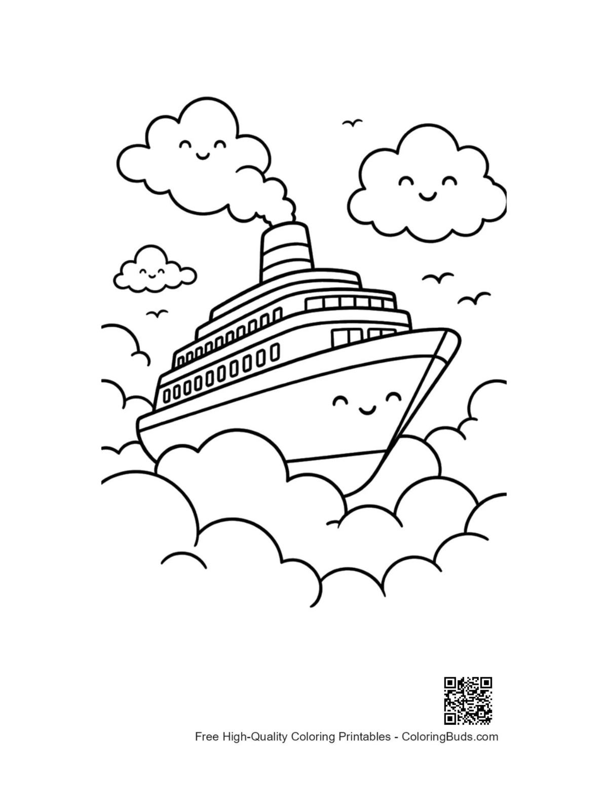 Magical cruise ship floating in cloudy sky coloring page