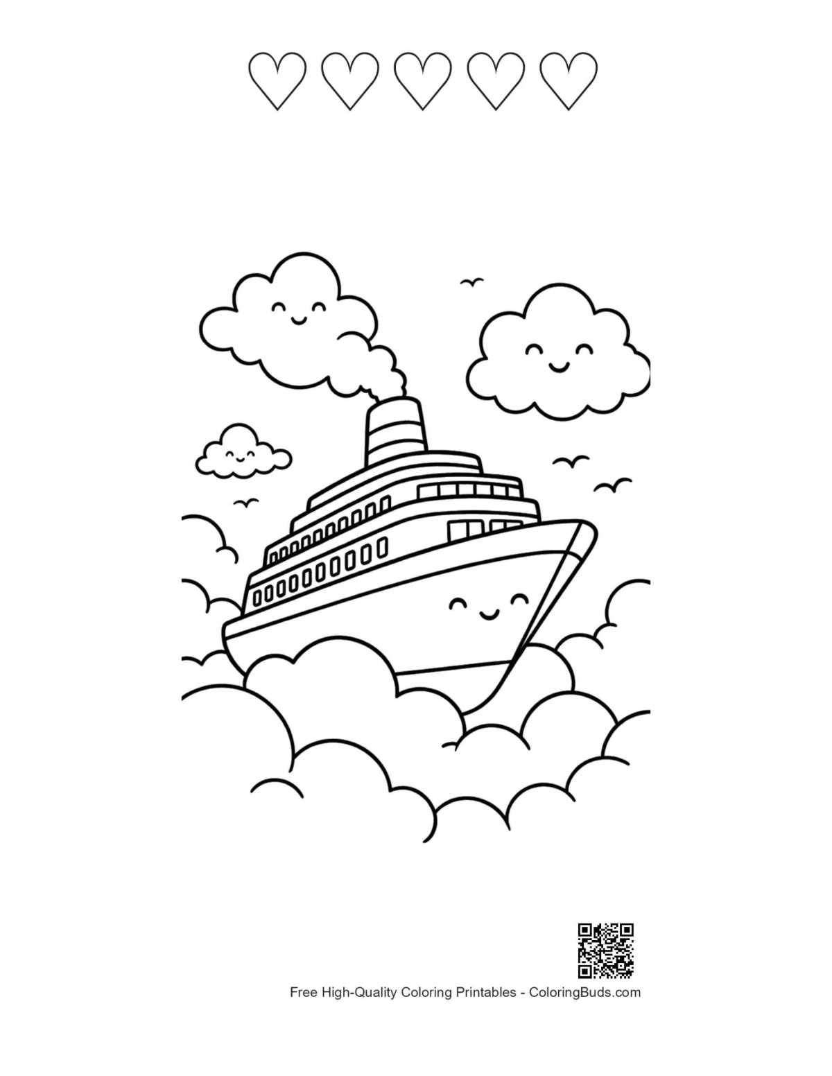 Magical cruise ship with 5 heart outlines coloring page