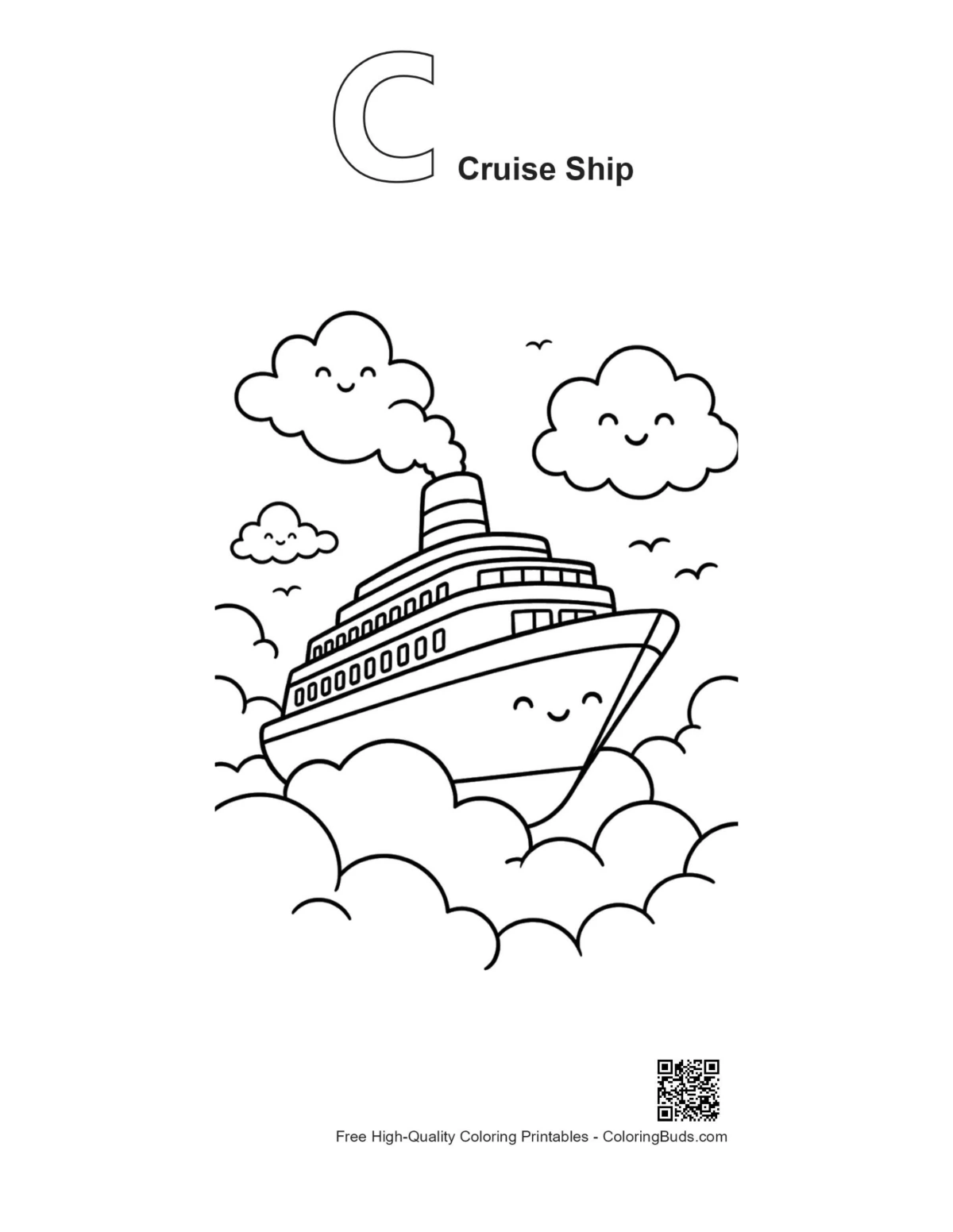 Alphabet C cruise ship outline magical sky printable
