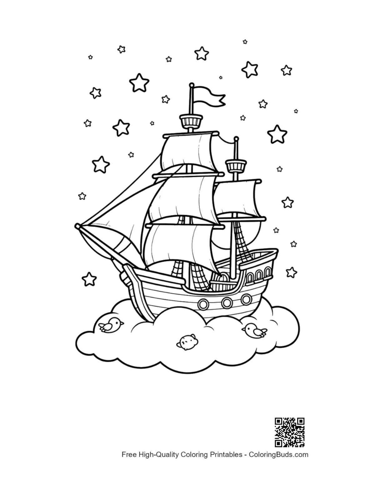 Magical pirate ship in starry night coloring page