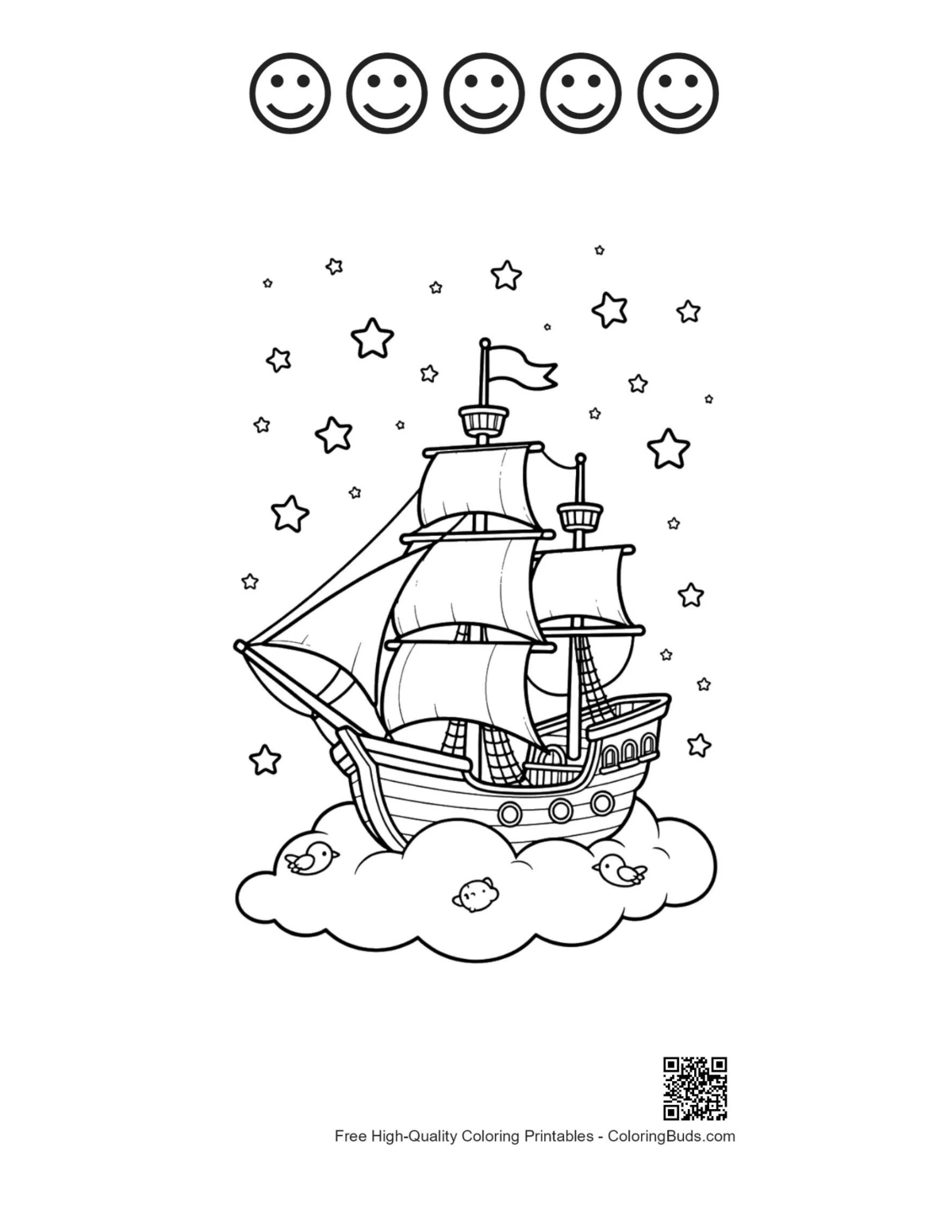 Starry pirate ship with happy faces outline printable