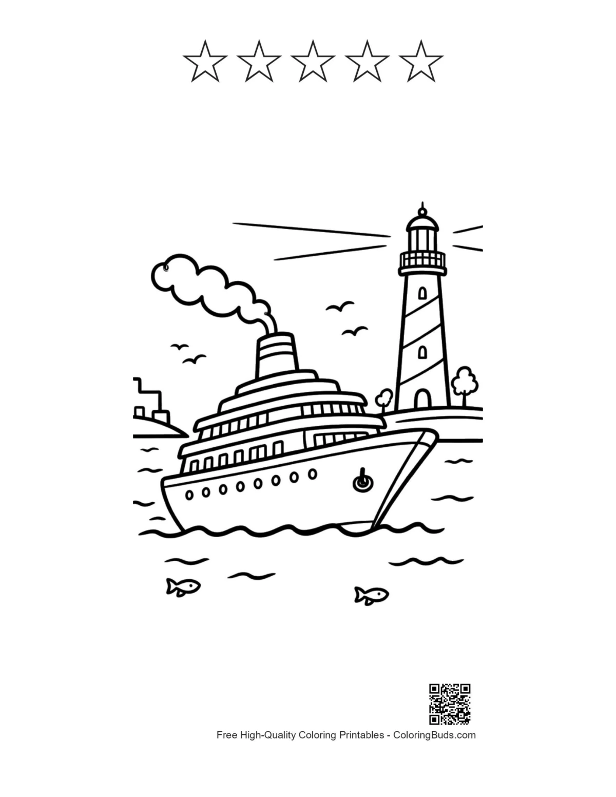 Cruise ship beacon tower printable with 5 star outlines coloring page