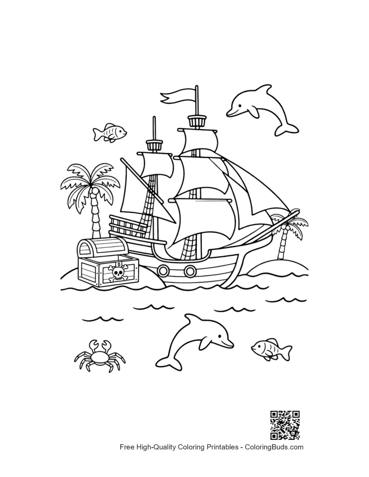 Pirate ship with sea mammals coloring page