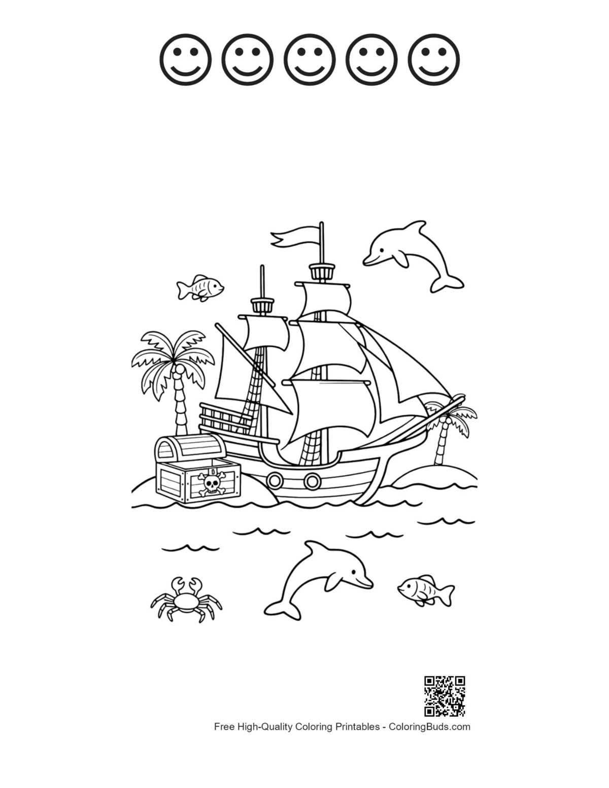 Pirate ship sea mammals with happy faces outline