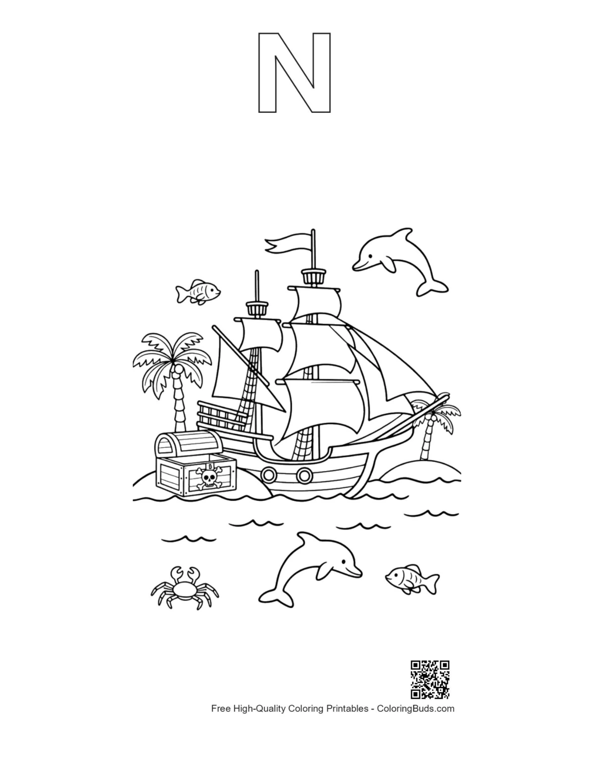Pirate ship sea mammals outline with letter N
