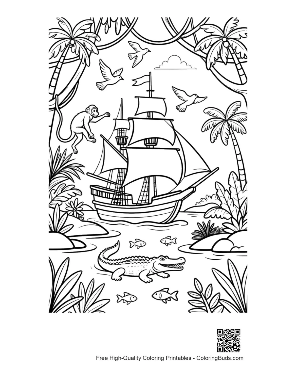 Pirate ship through tropical vines printable coloring page