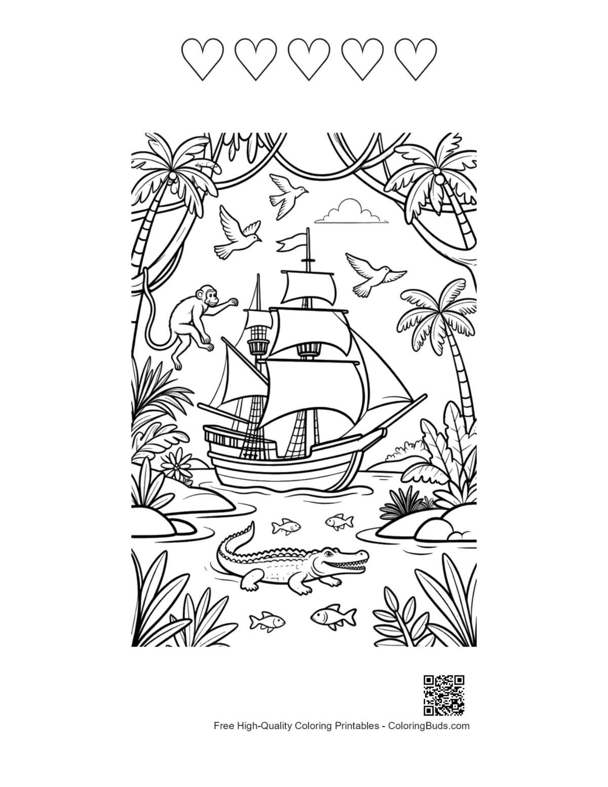 Pirate ship tropical vines with 5 hearts outline