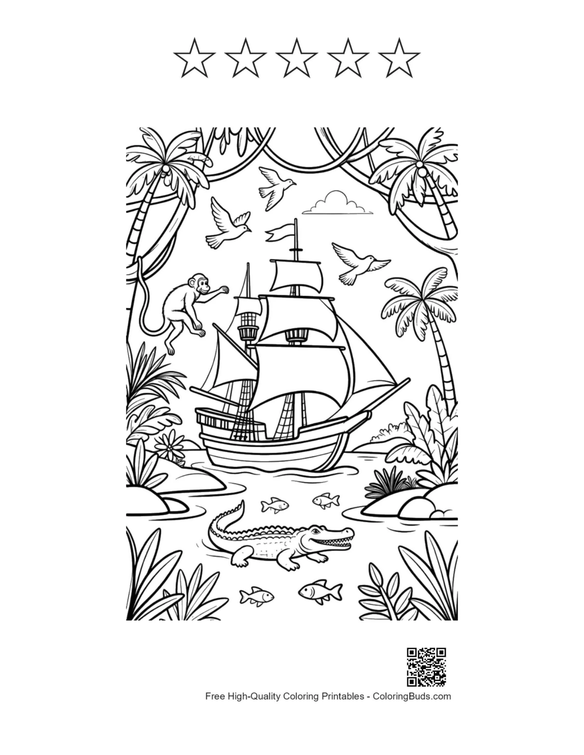 Pirate ship vines printable with 5 star outlines