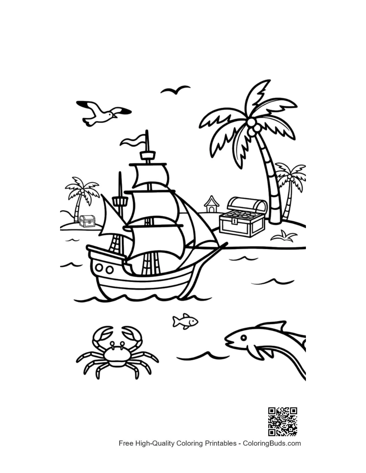 Pirate ship anchored tropical palm island coloring printable