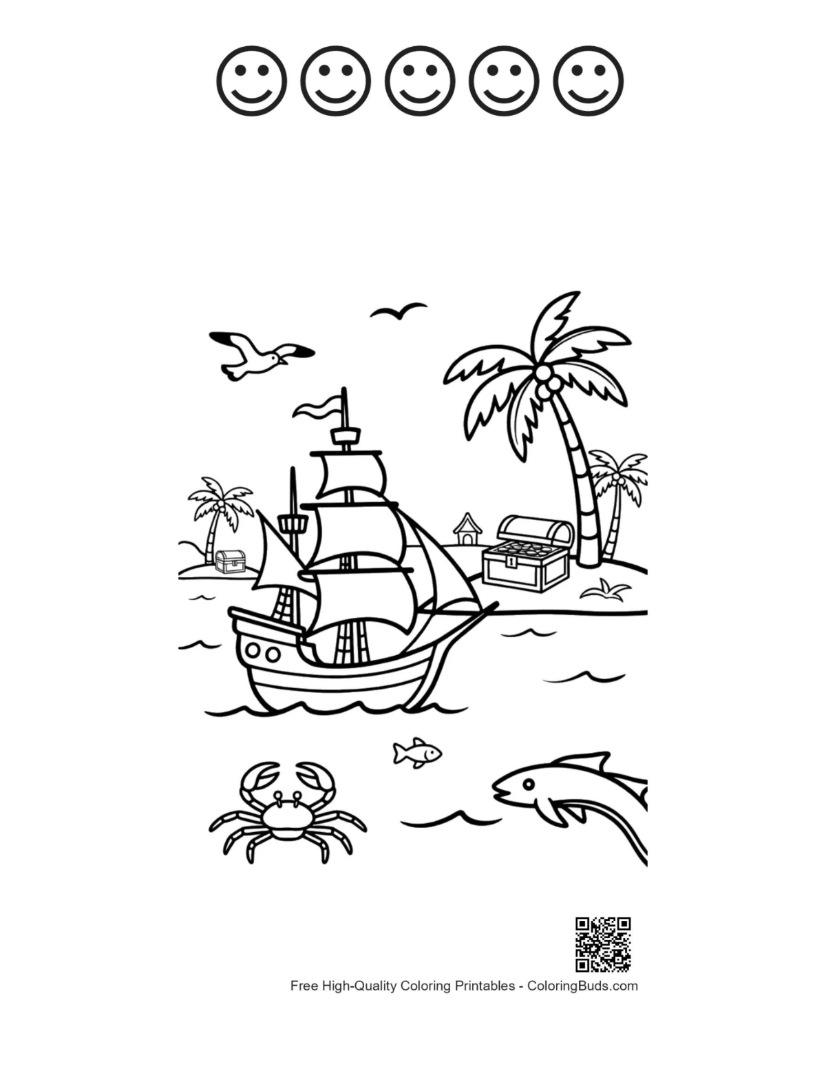 Pirate ship 5 happy face outlines tropical printable