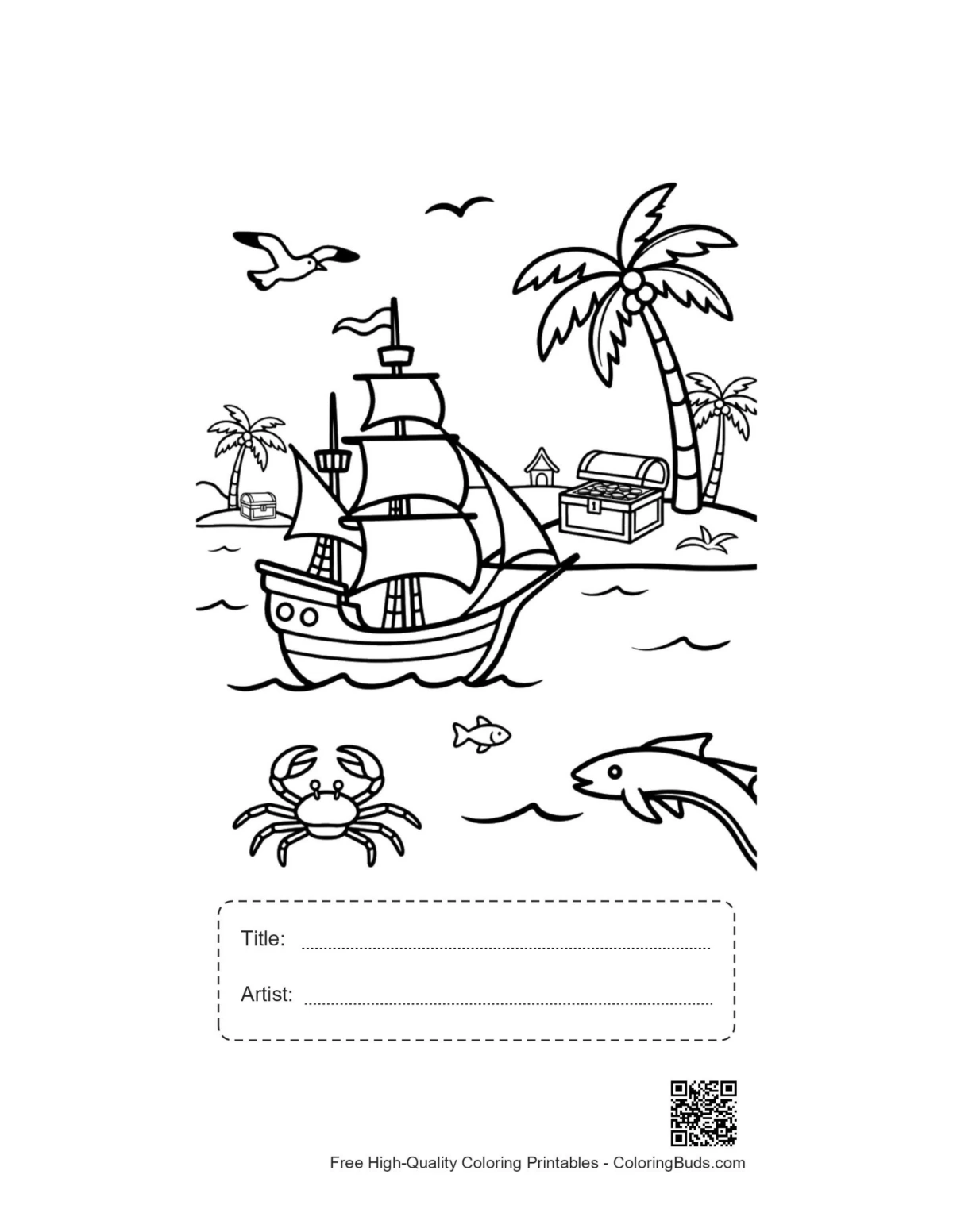 Pirate ship printable with title artist box tropical island