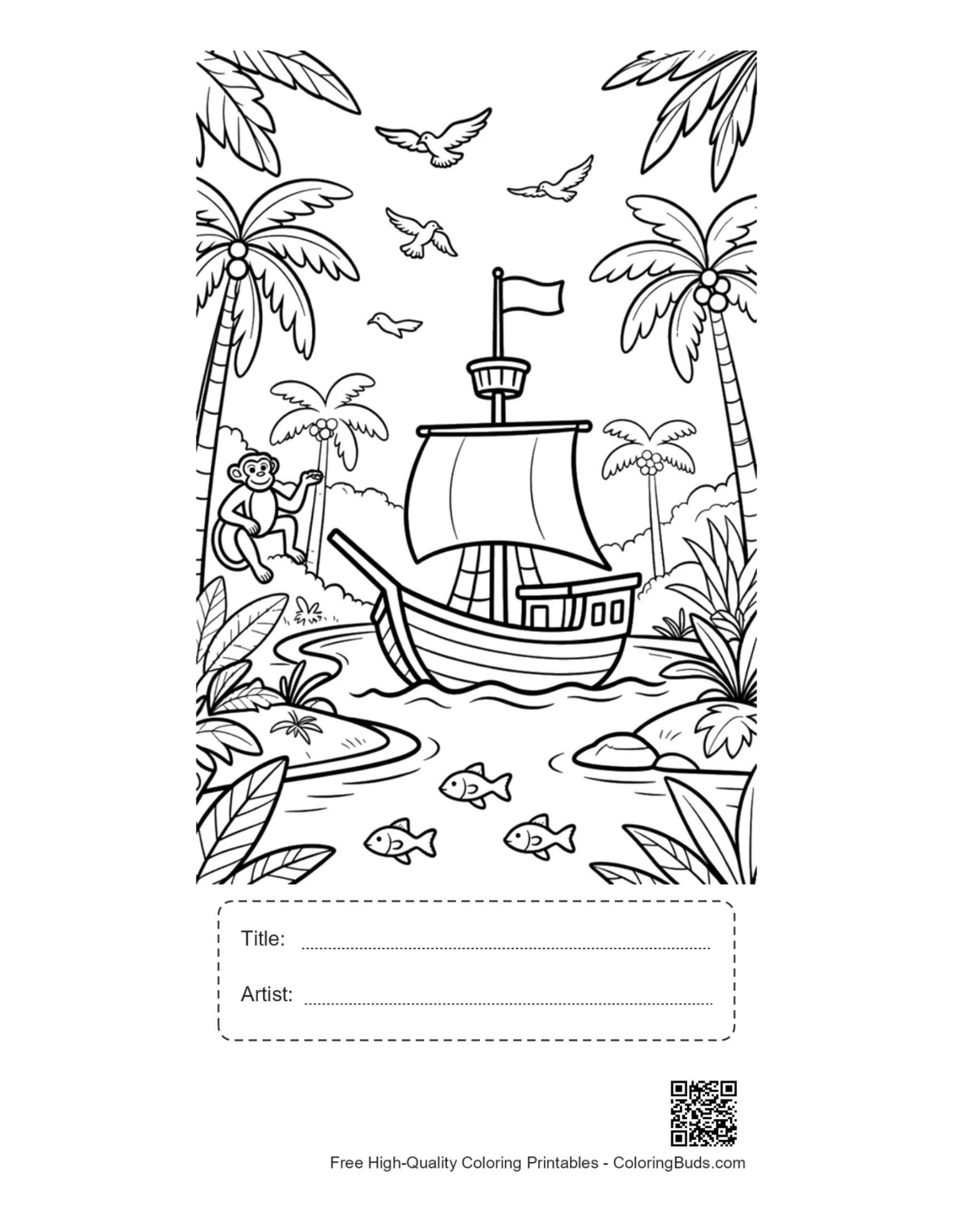 Pirate ship printable with title artist box for coloring