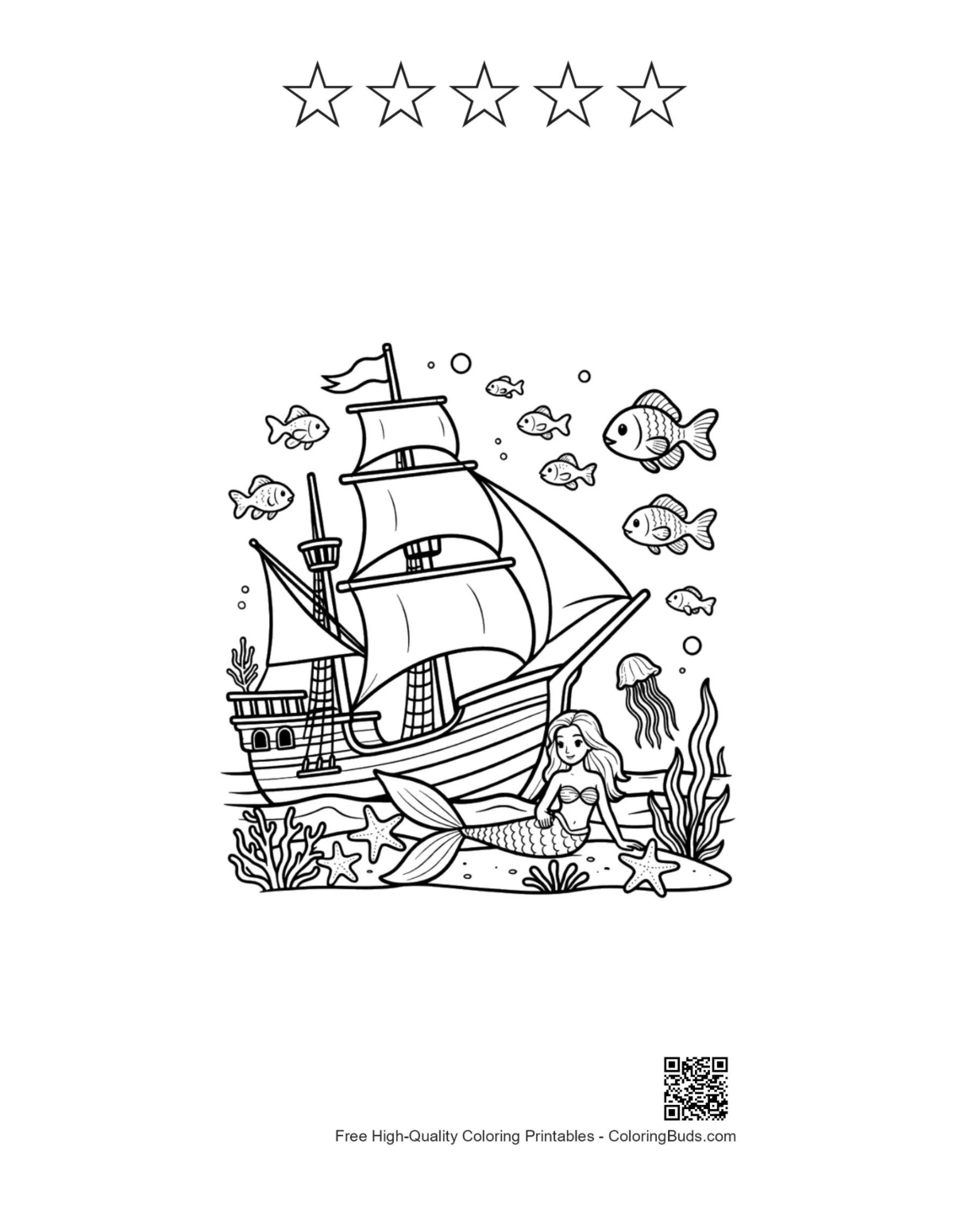 Pirate ship coloring printable with 5 star outlines