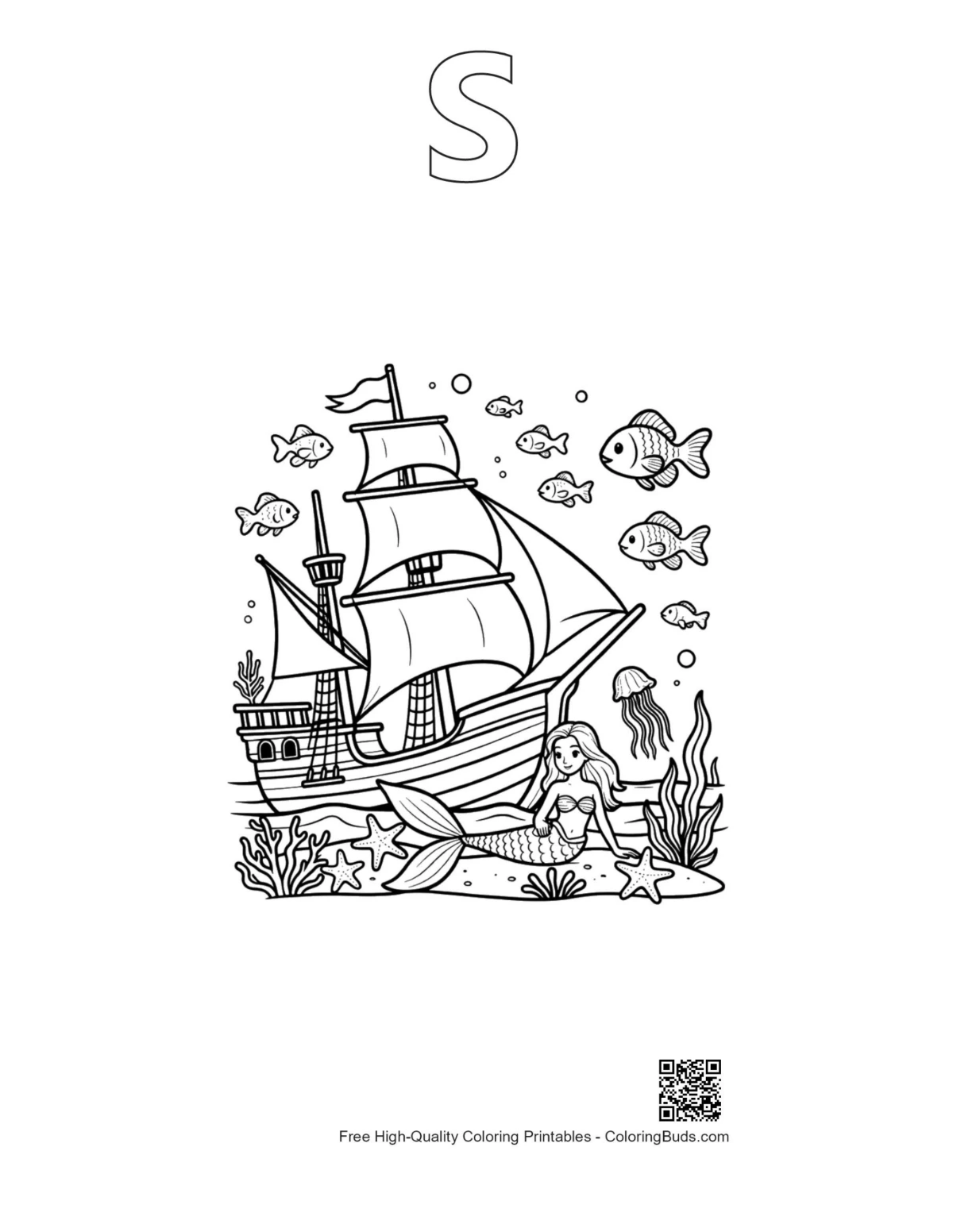 Pirate ship outline with alphabet S coloring printable