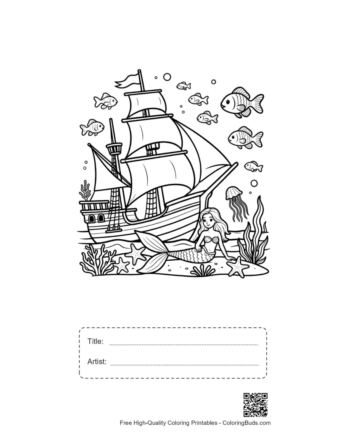 Printable pirate ship sheet with title and artist box