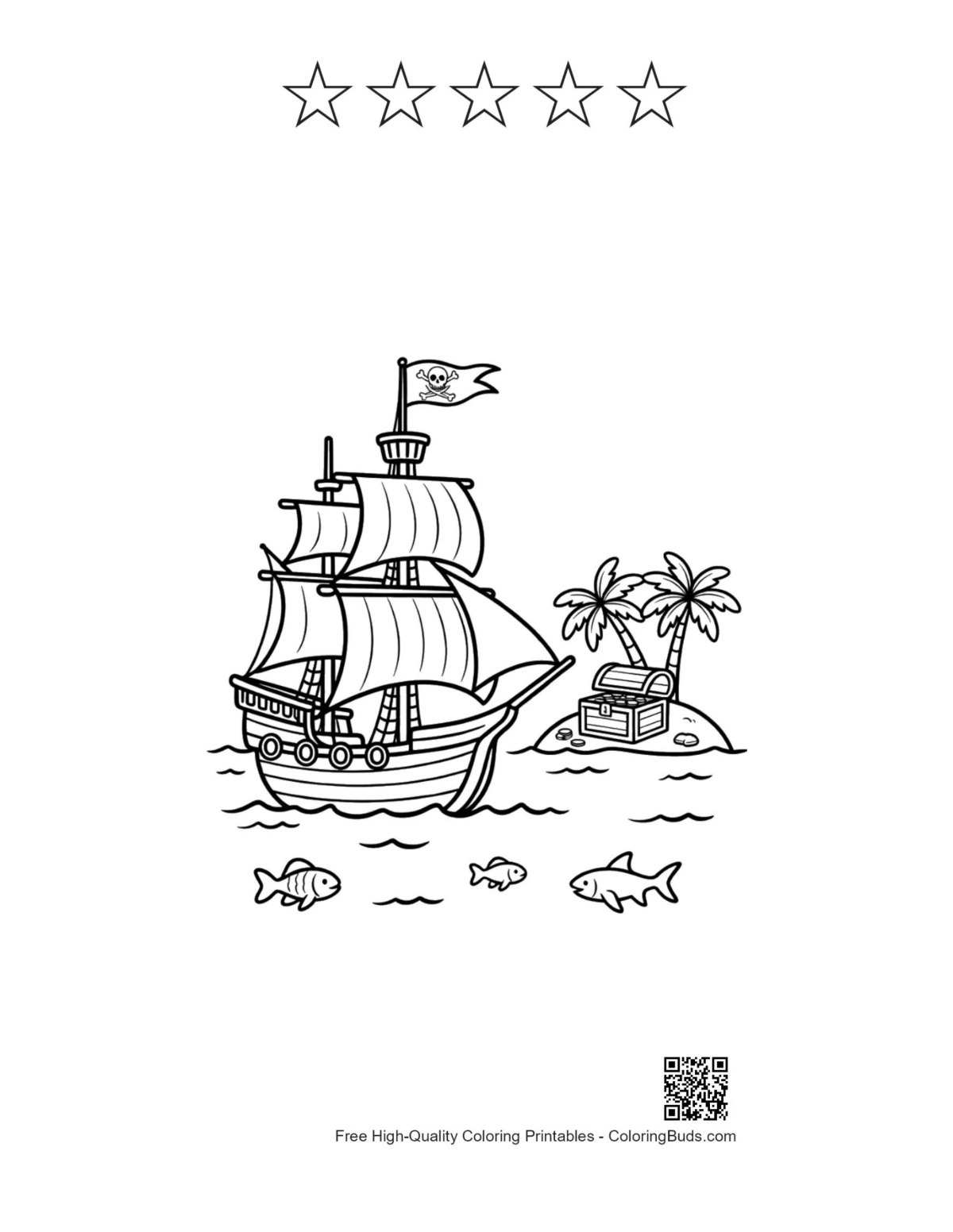 Pirate ship with 5 stars outline printable