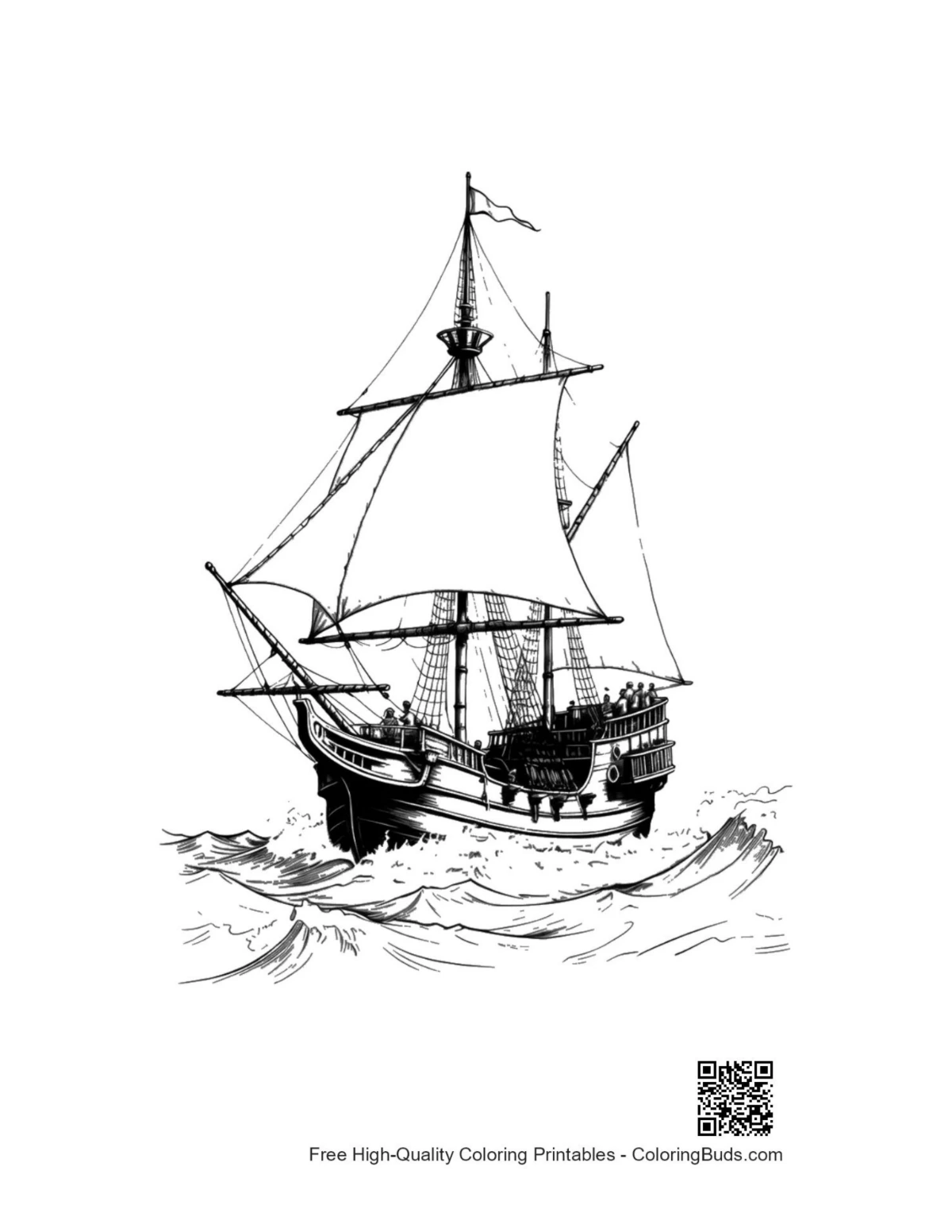 Pirate ship sailing stormy seas coloring page