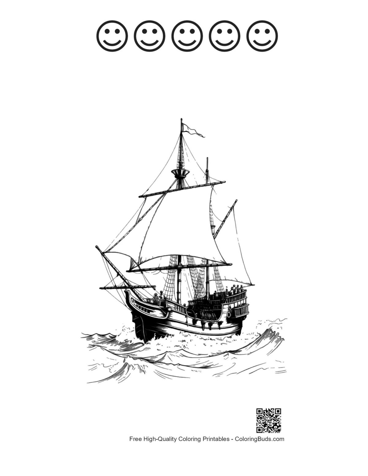 Pirate ship stormy seas 5 happy faces coloring