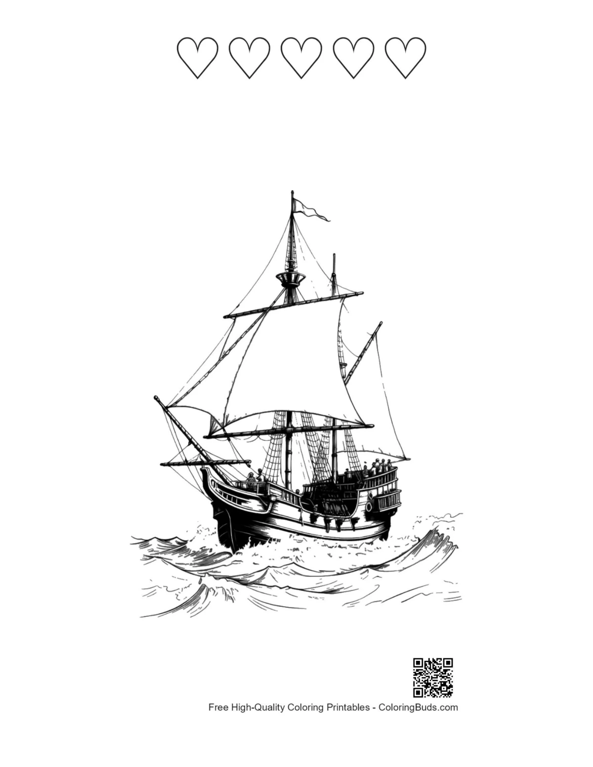 Pirate ship stormy seas with 5 hearts printable
