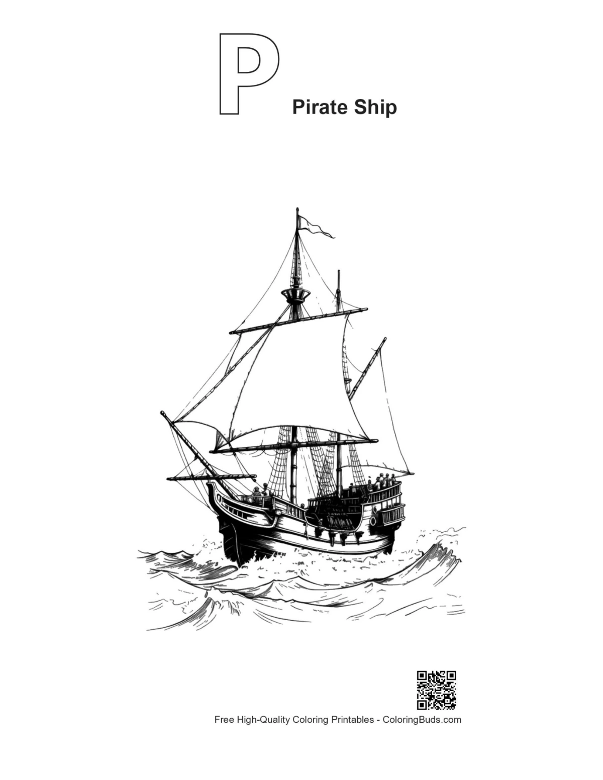 Pirate ship stormy seas outline with letter P