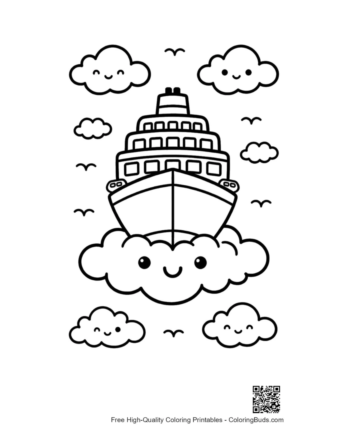 Smiling cartoon cruise ship in cloud heaven coloring page