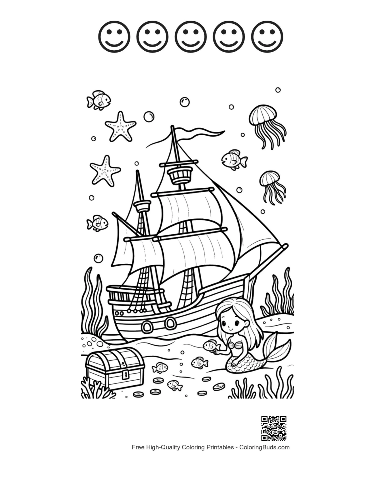 Sunken treasure mermaid 5 happy face outlines