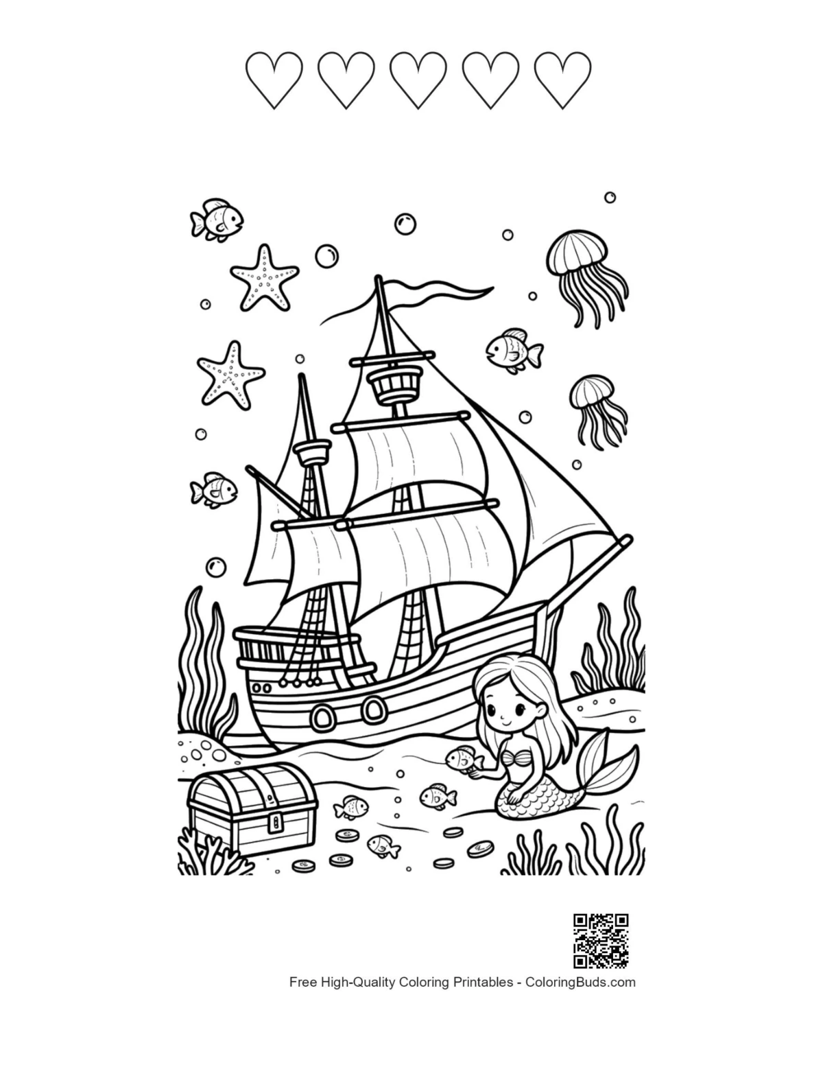 Sunken treasure mermaid with 5 heart outlines