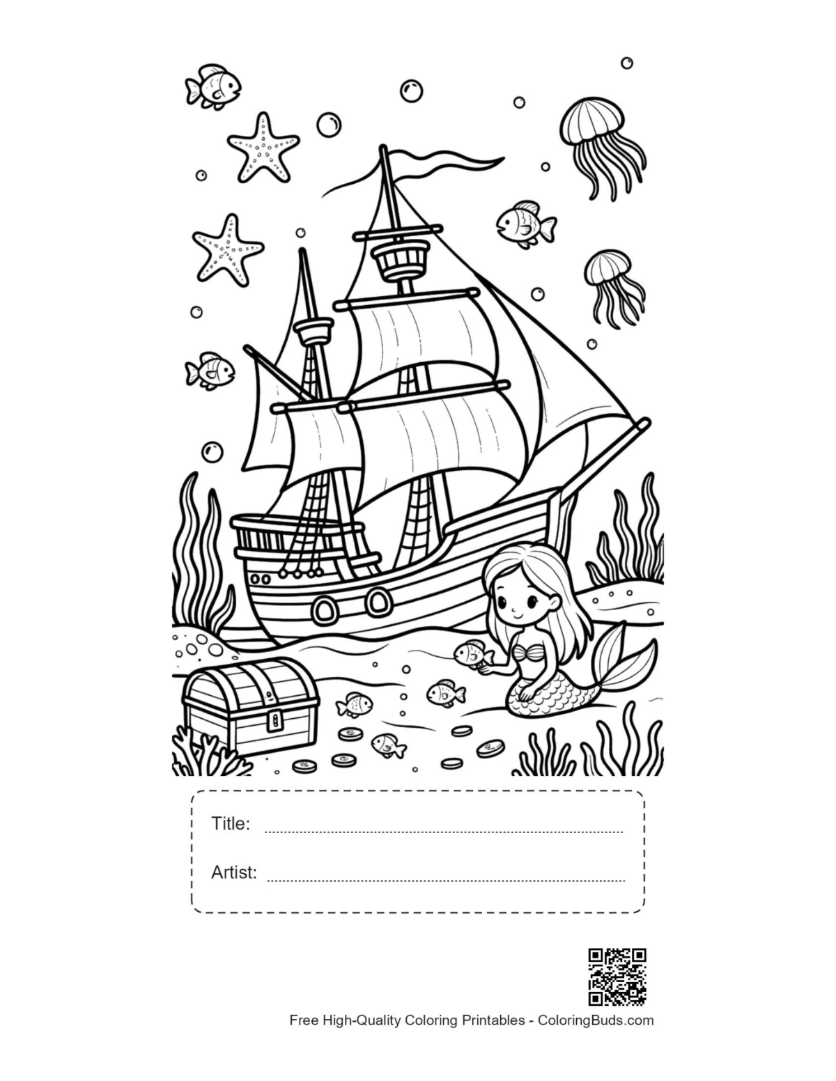 Sunken treasure mermaid printable with title box