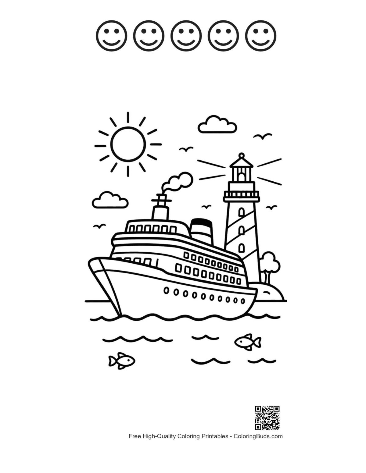 Sunny cruise ship with 5 happy faces outline printable