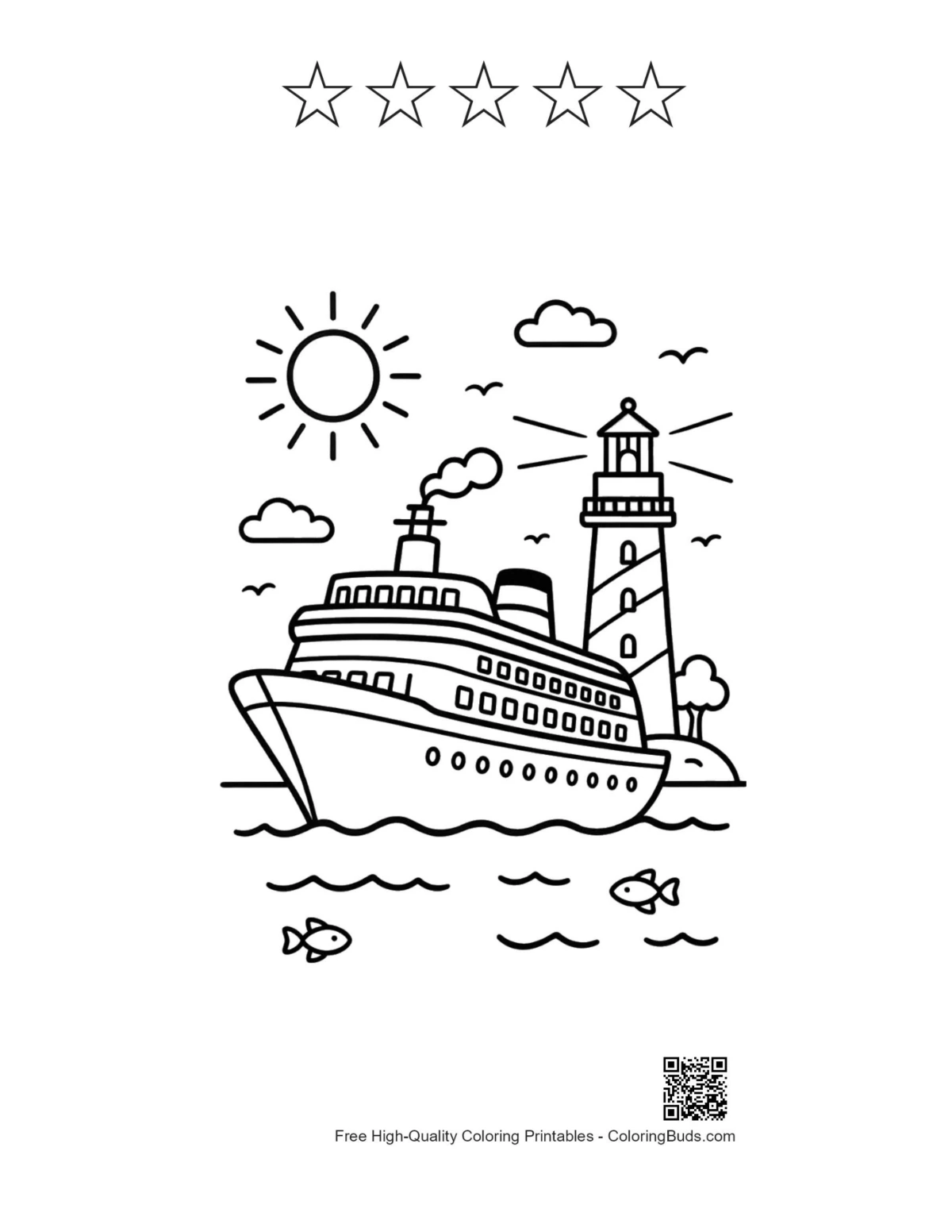 Sunny cruise ship lighthouse with 5 star outlines