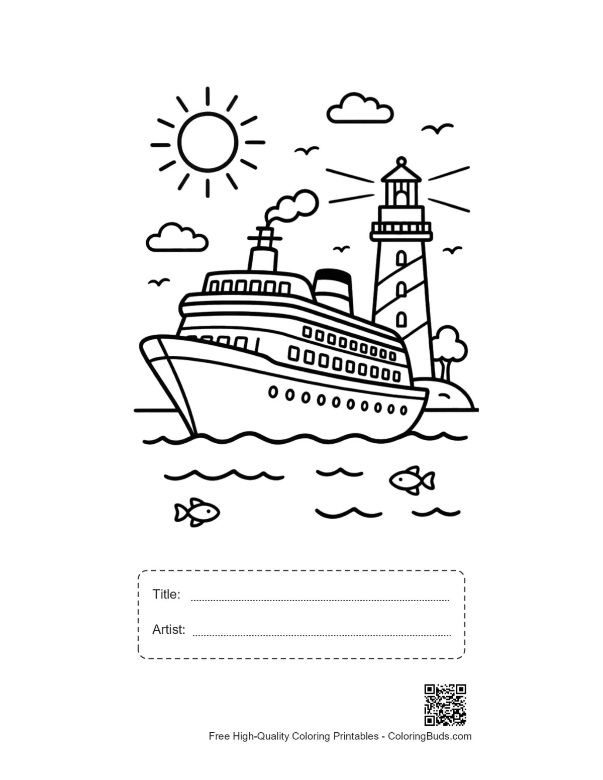 Sunny cruise ship lighthouse printable with title box