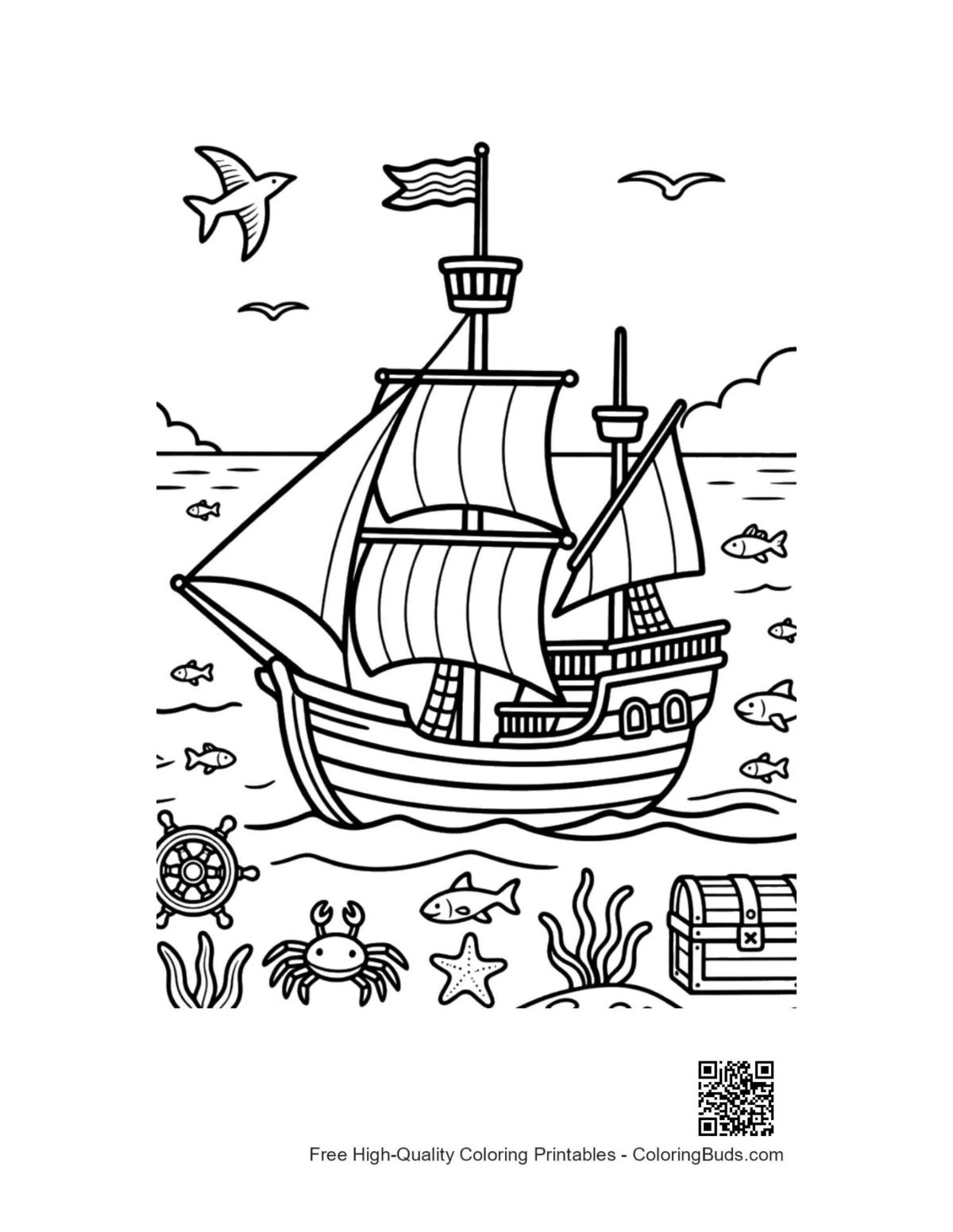 Pirate treasure hunter ship near beach cove coloring page