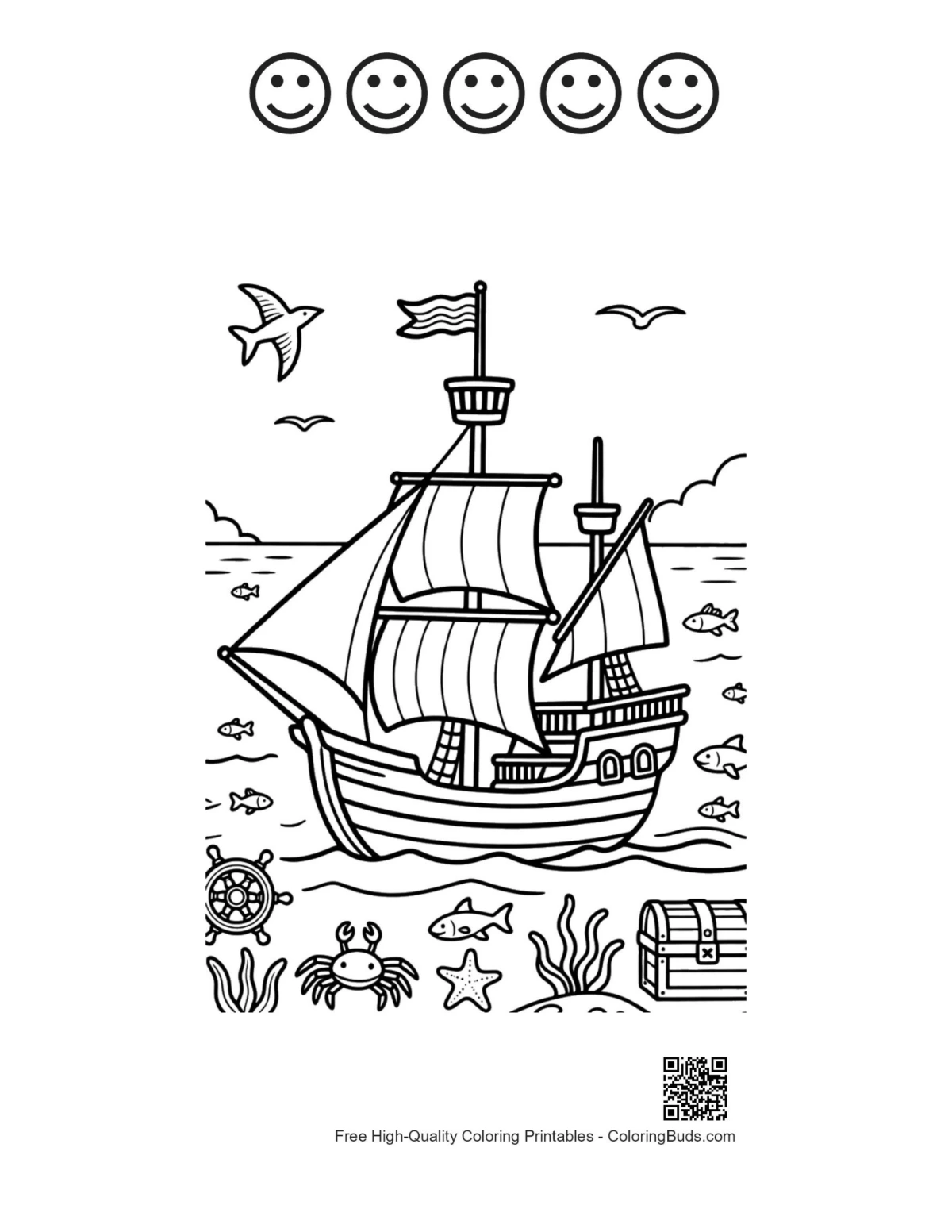 Treasure ship with 5 happy faces outline printable