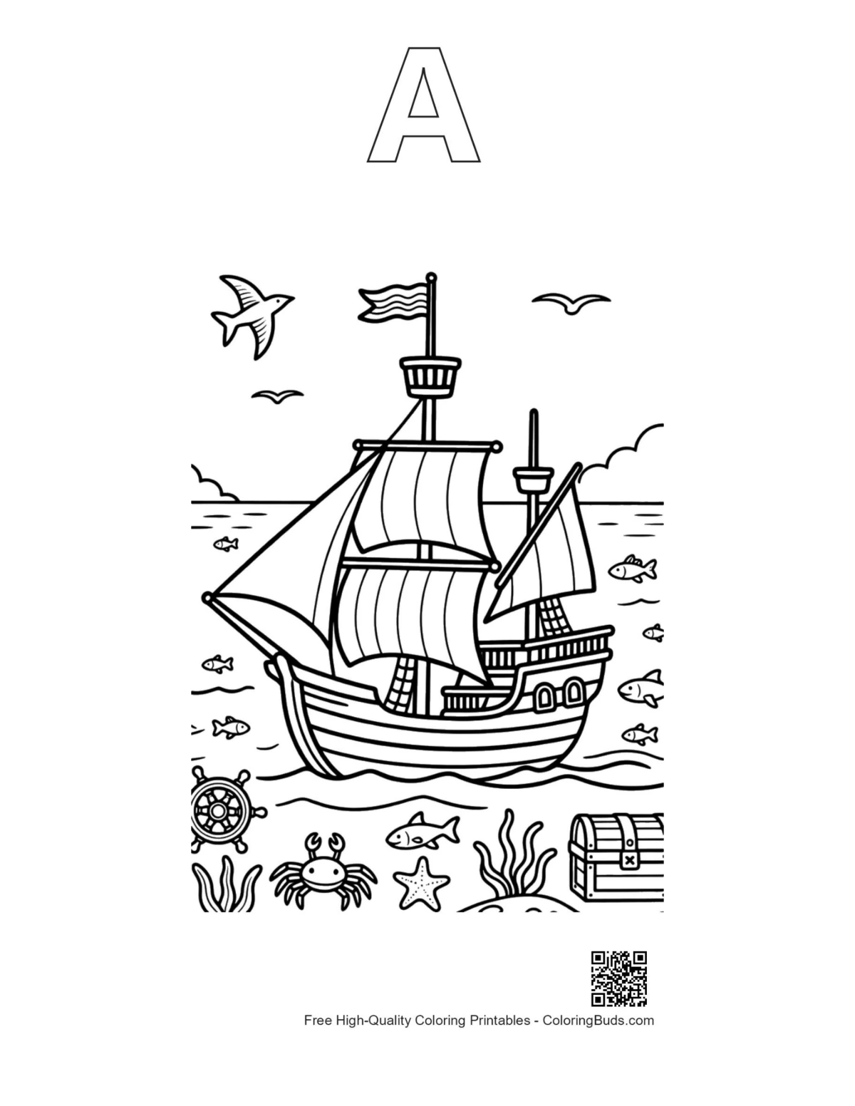 Treasure ship beach cove printable alphabet A outline