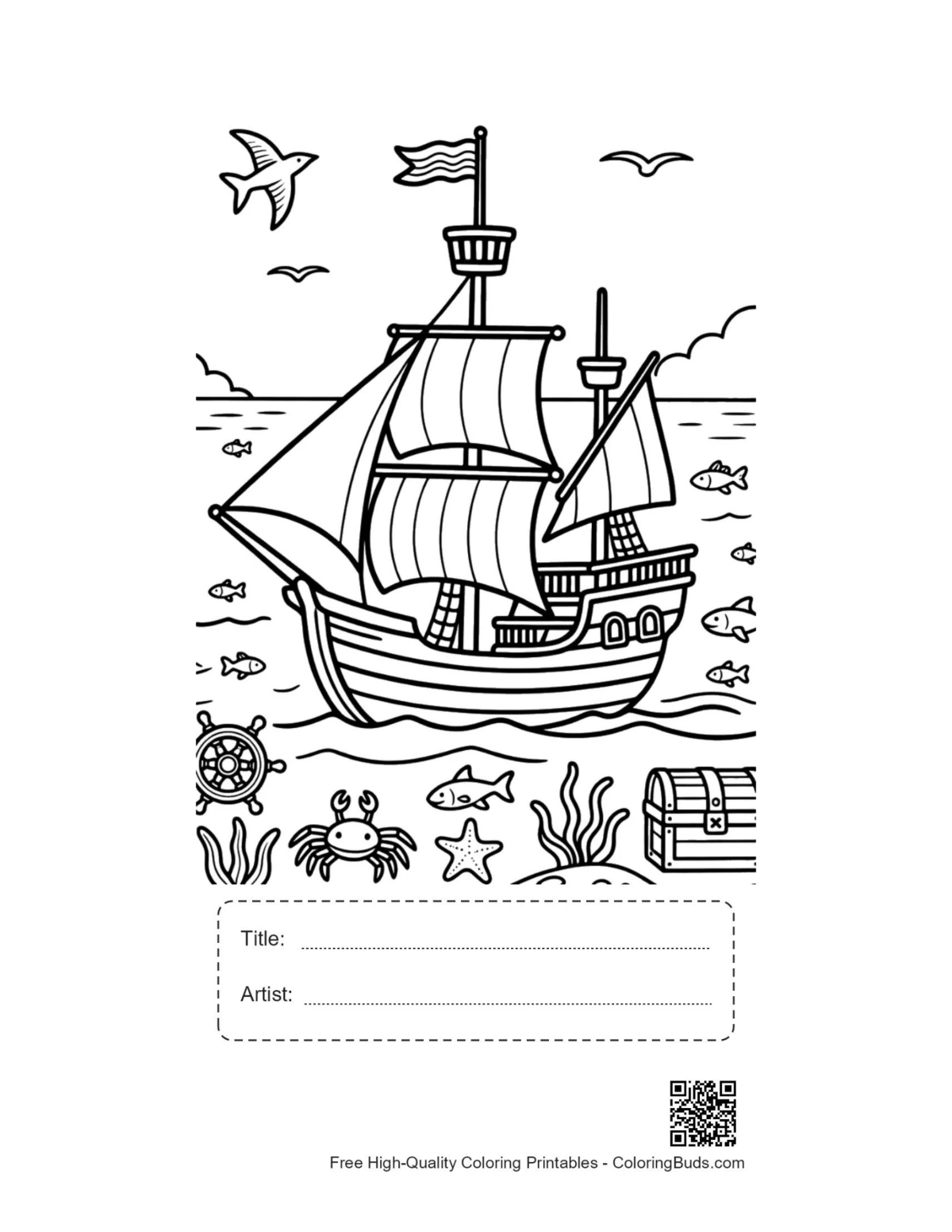 Treasure hunter ship printable with title artist box