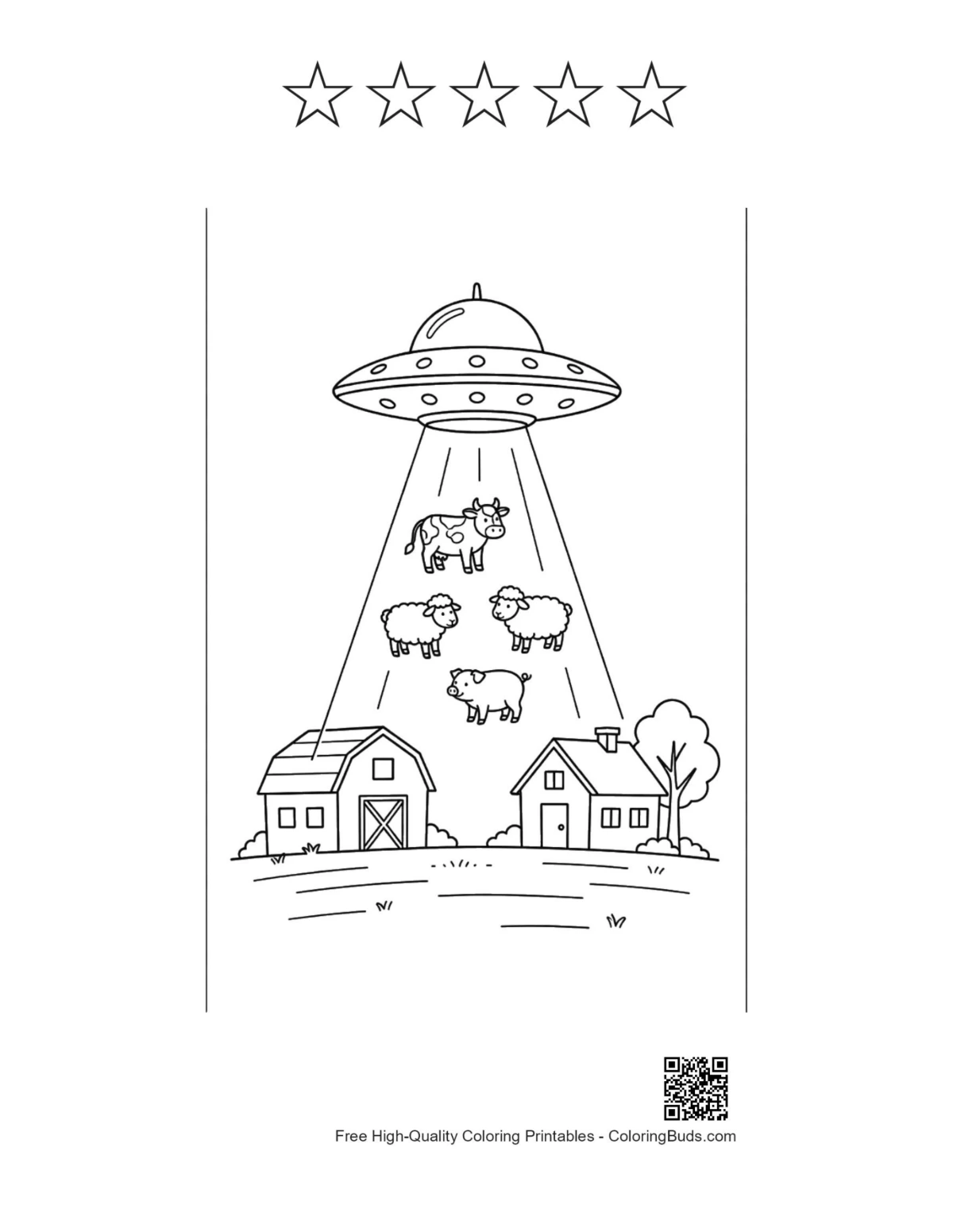 UFO over sheep printable with 5-star outlines