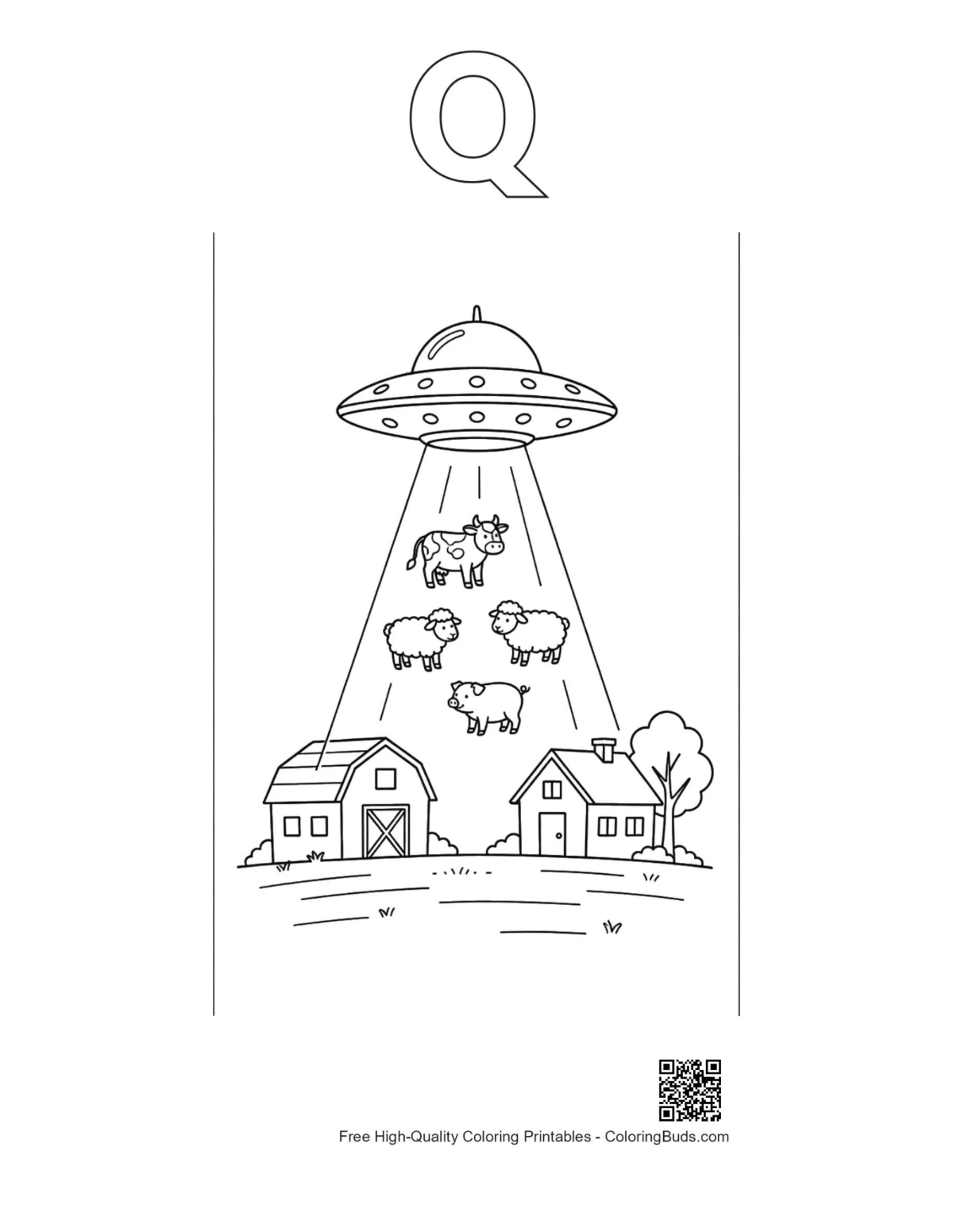 UFO sheep field printable with Q alphabet outline