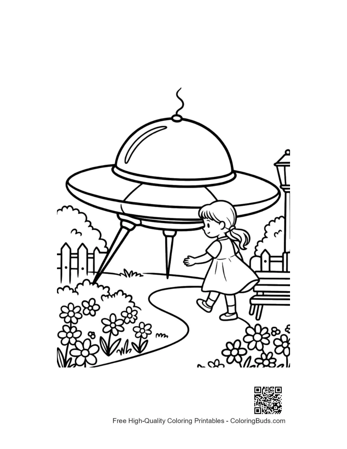 Printable UFO coloring page alien ship neighborhood