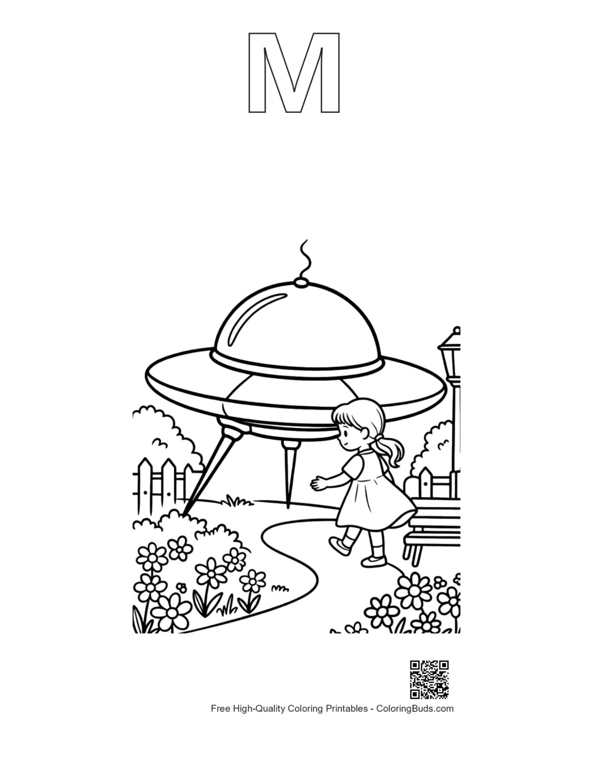 UFO coloring outline with alphabet M neighborhood