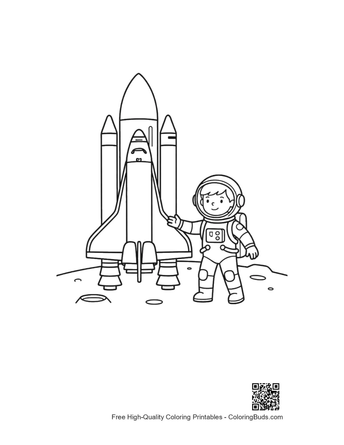 Astronaut beside space shuttle on moon printable coloring page