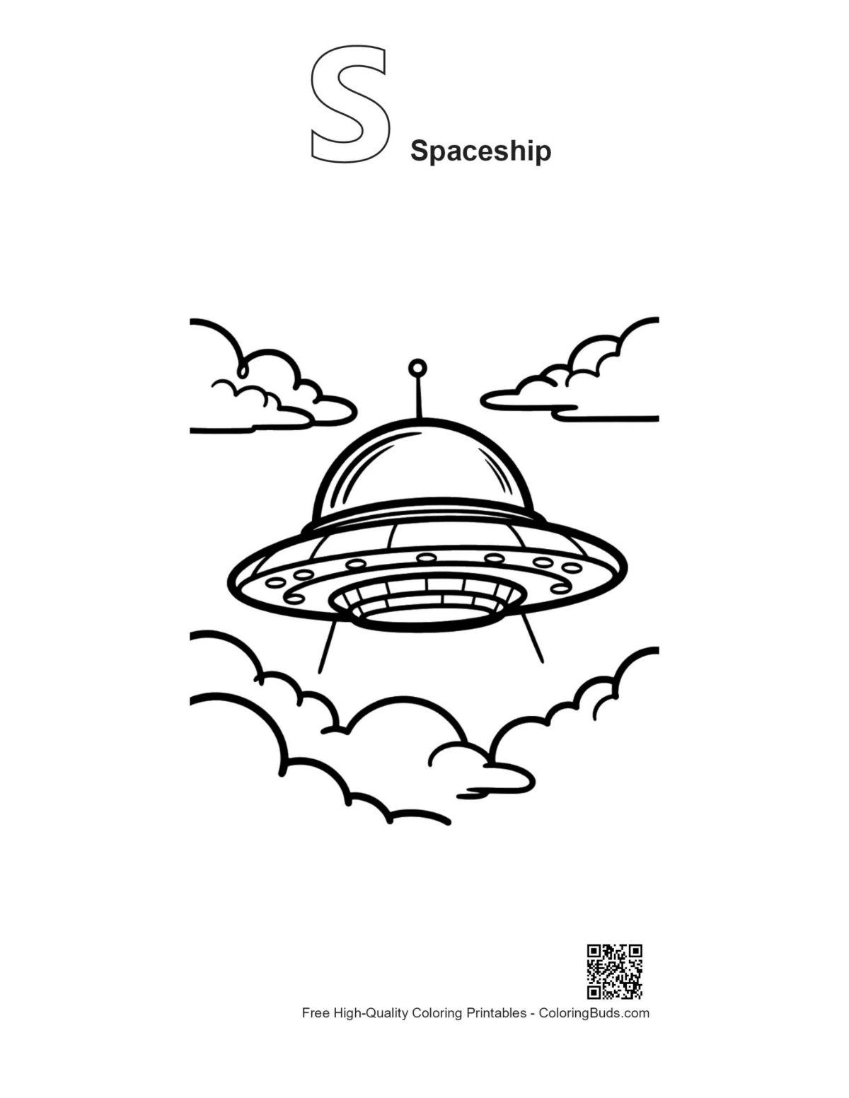 UFO spaceship coloring with alphabet S outline