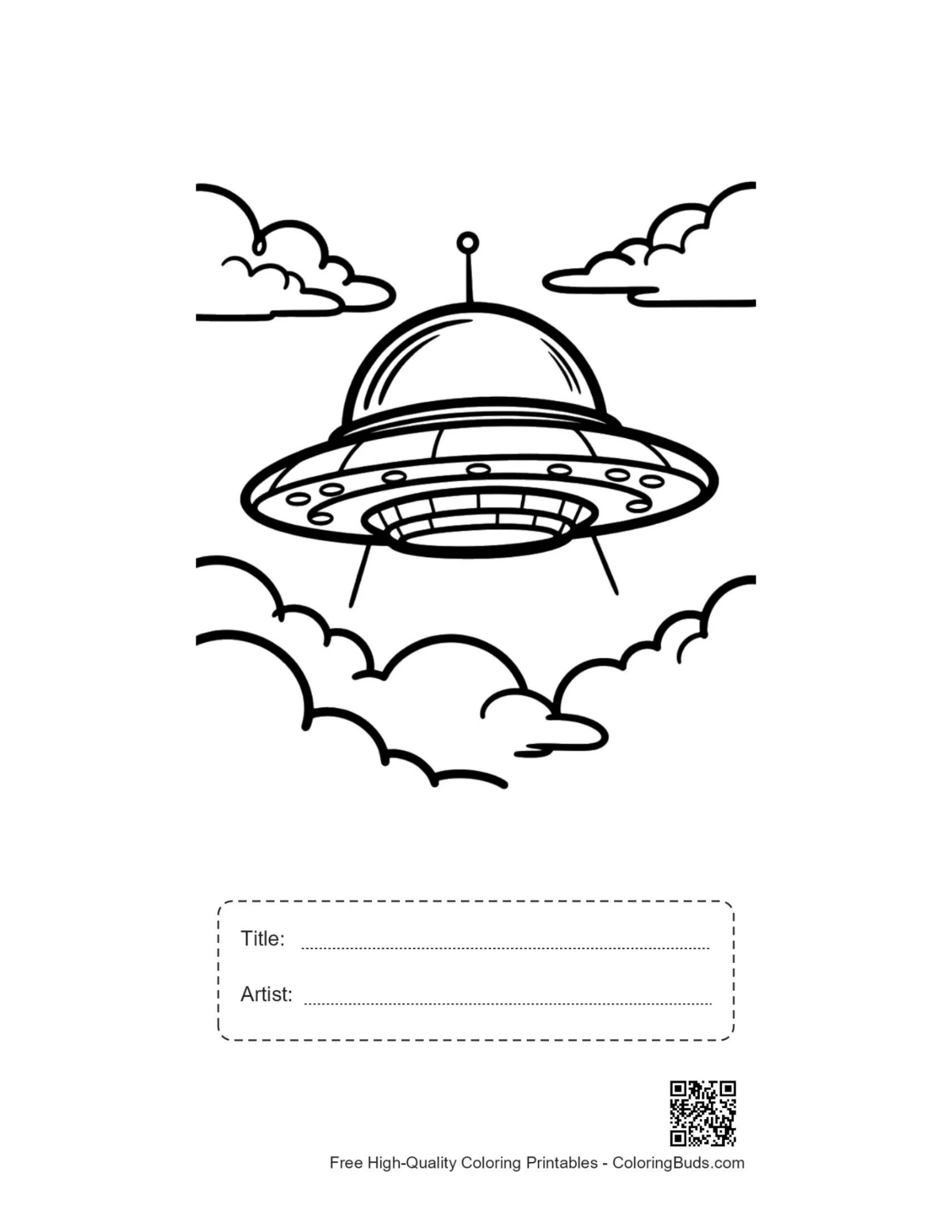 Printable UFO coloring page with title box