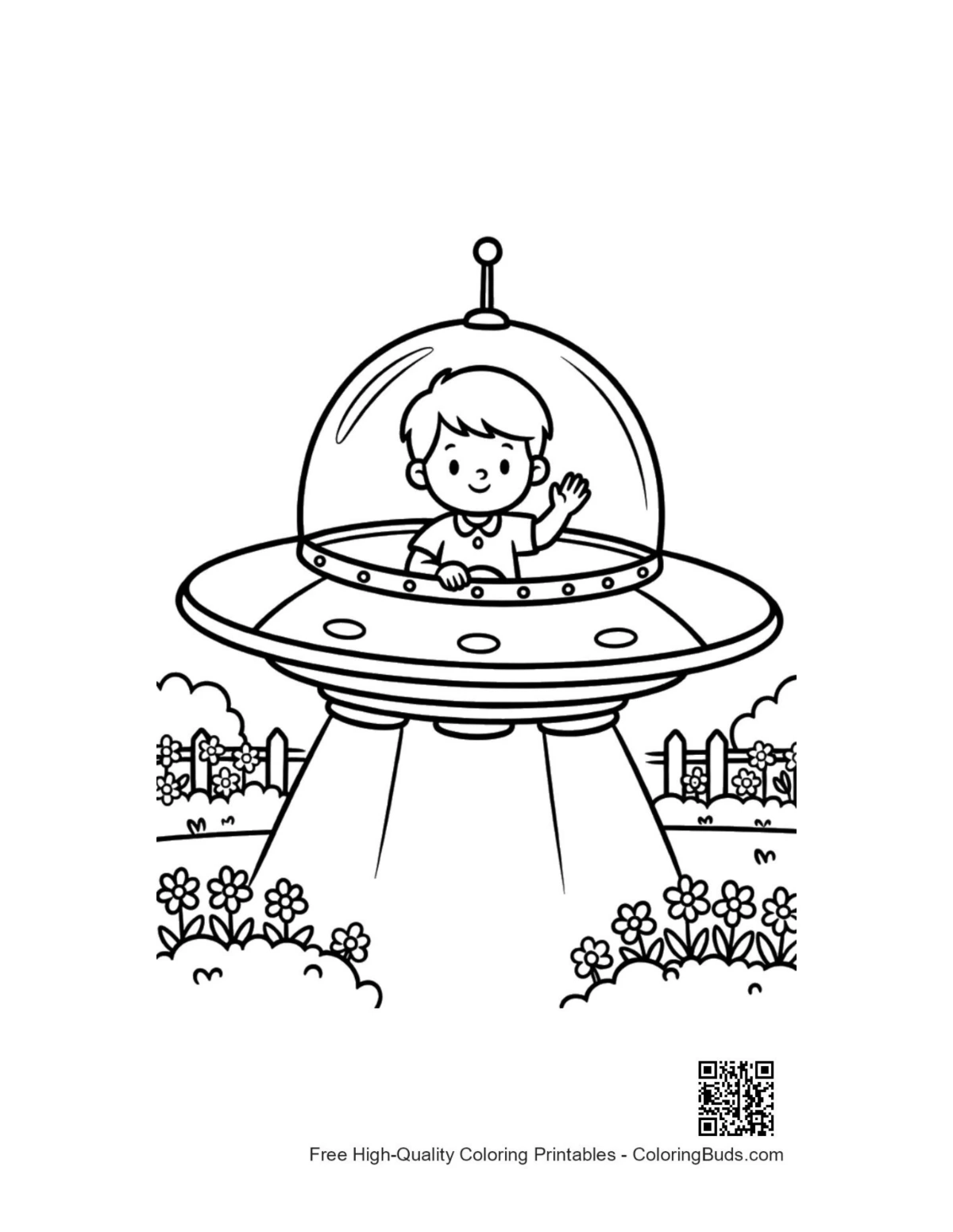 Cartoon UFO boy pilot over flowers coloring page