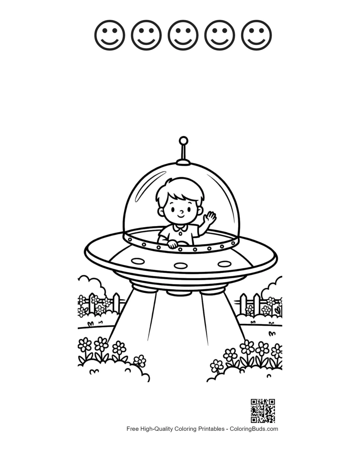 UFO boy pilot printable with happy faces outline