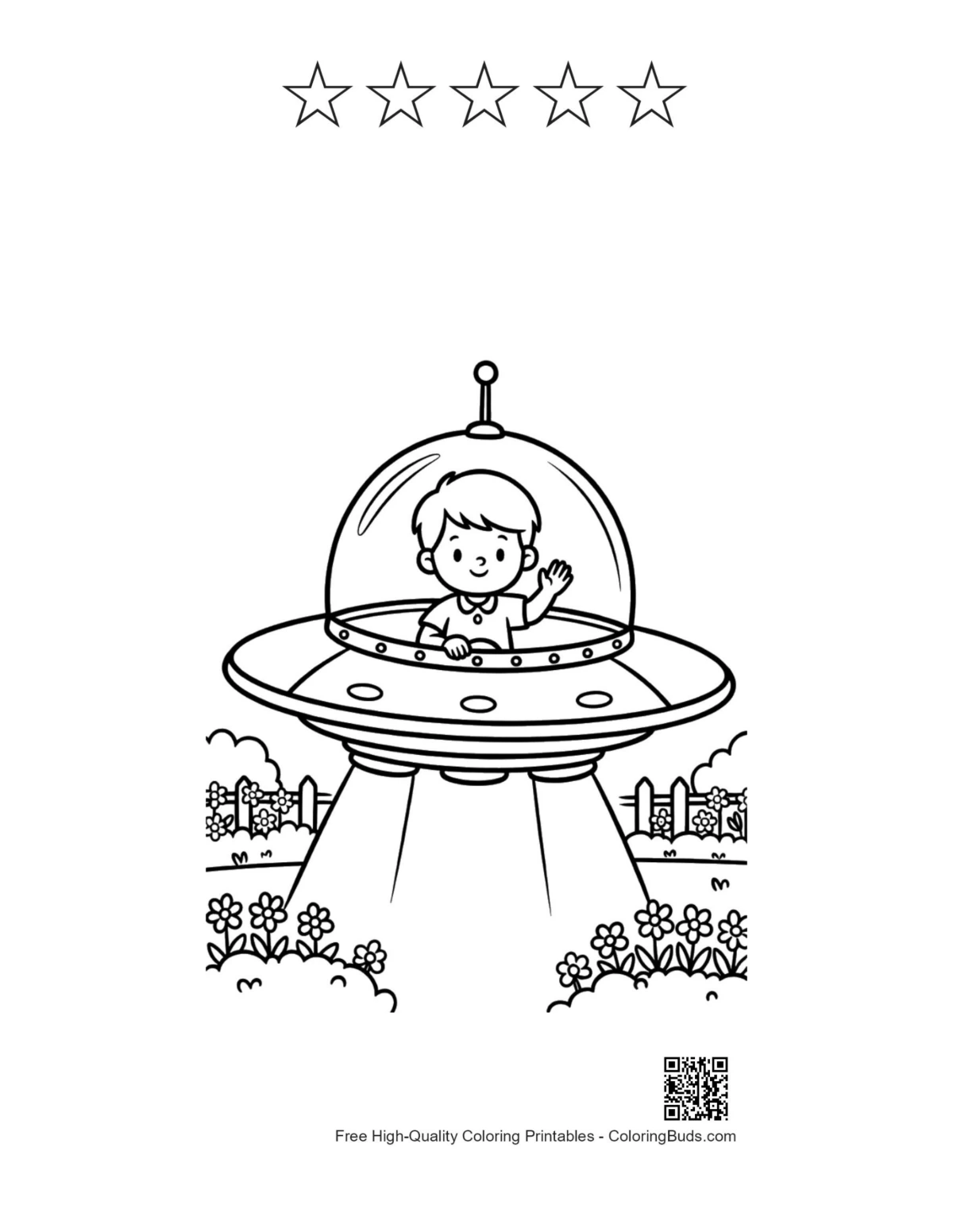 Cartoon UFO printable with stars and boy pilot