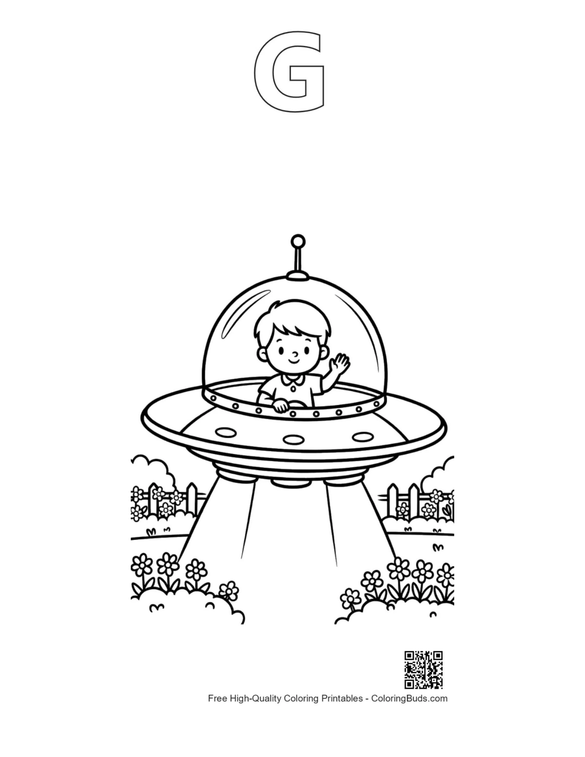 UFO boy pilot over flowers with G outline printable