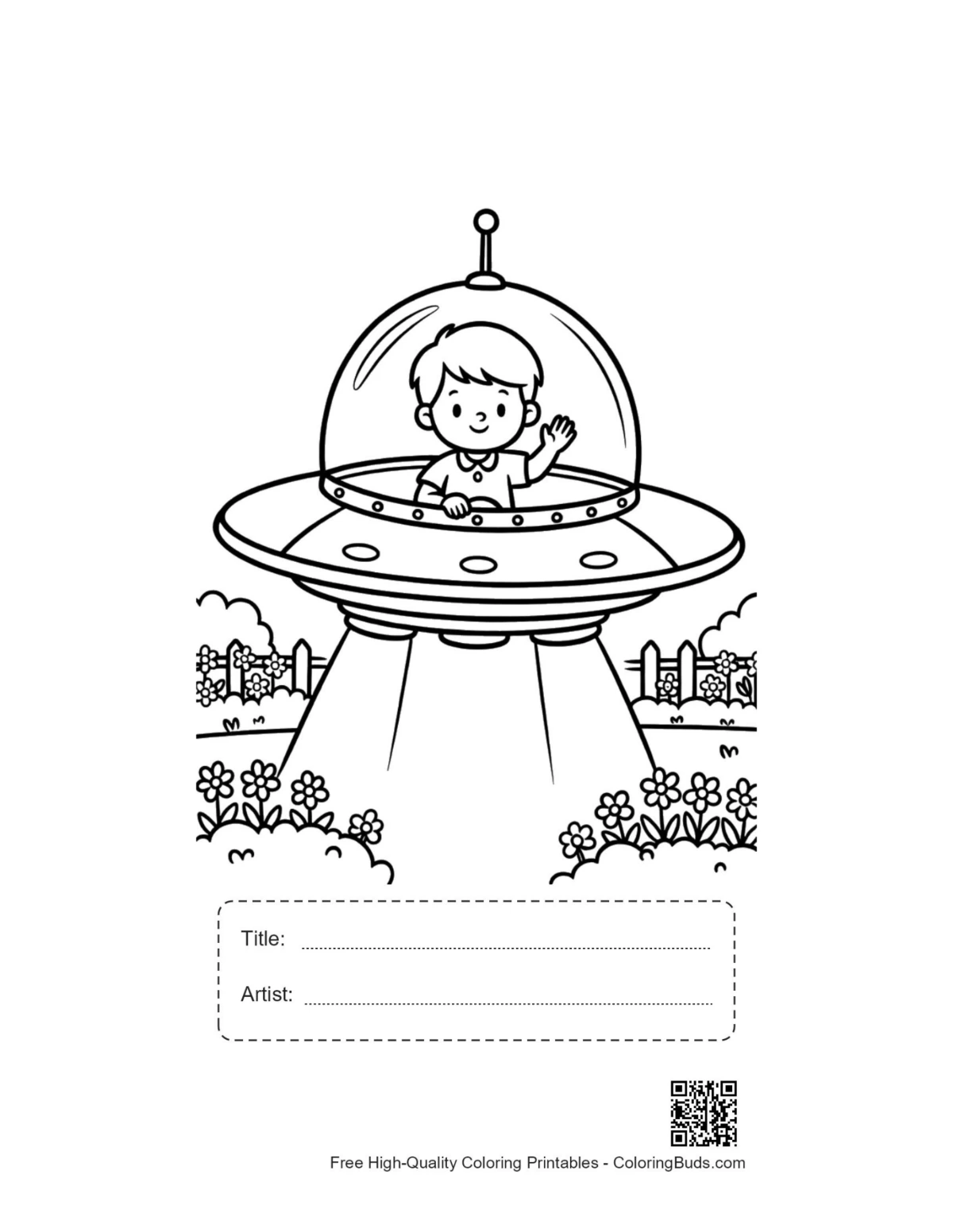 Cartoon UFO boy pilot printable with title box